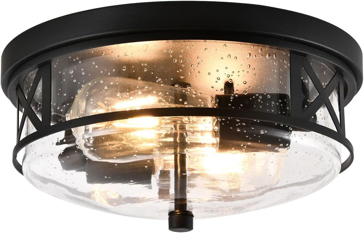 Flush Mount Ceiling Light Fixtures, 2-Light Close to Ceiling Light Fixture with Seeded Glass Shade, Black Farmhouse Light Fixtures Ceiling, for Hallway, Entryway, Dining Room, Bedroom, Living Room