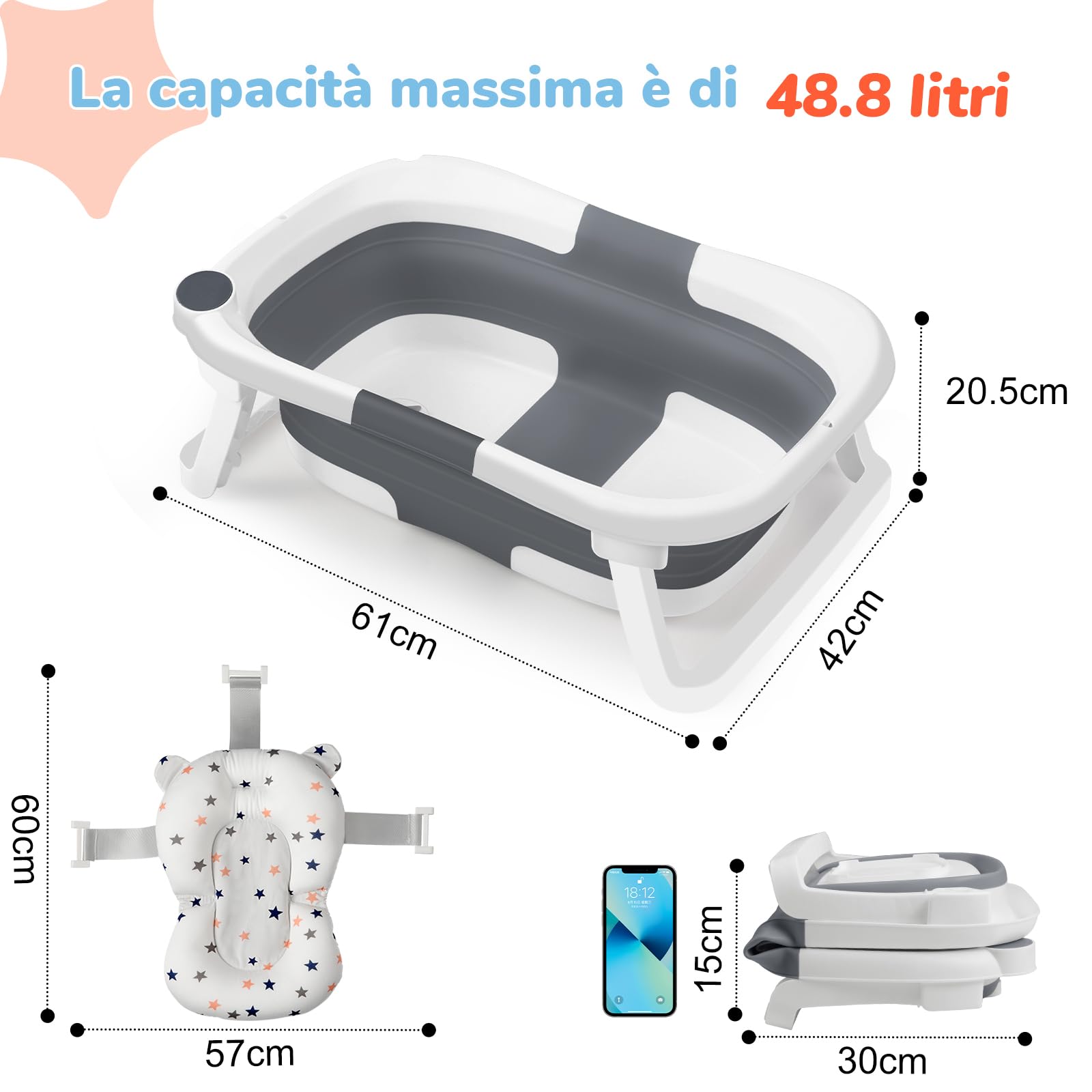 DEANIC Vasca da bagno portatile per neonati da 0 a 12 mesi, non occupa spazio, vasca per bambini (grigio)