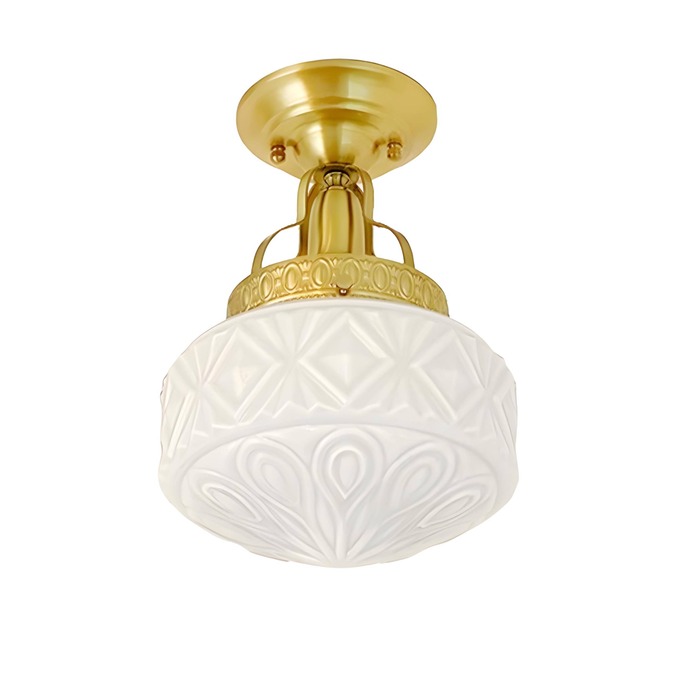 Bofea-Gold Semi Flush Mount Ceiling Light,Brass Vintage Flush Mounted Ceiling Lighting with Milk White Glass Shade, Mid-Century Style Ceiling Light Fixture for Hallway Foyer Loft Bathroom Bedroom. (A)