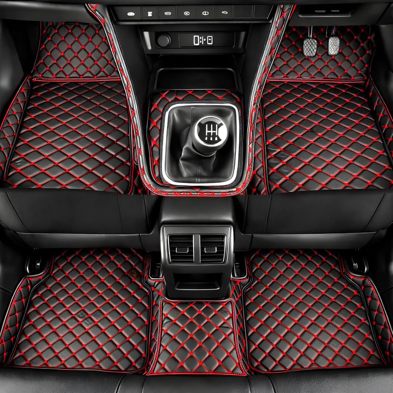 Image of SINEX Premium 7D car mat Full Set for Renault Triber 7-Seater (Model : 2019-2025) || Luxury Leather Double Car Floor Mat Complete Set || 100% Waterproof and Washable Color : Black-Red (Design-1)