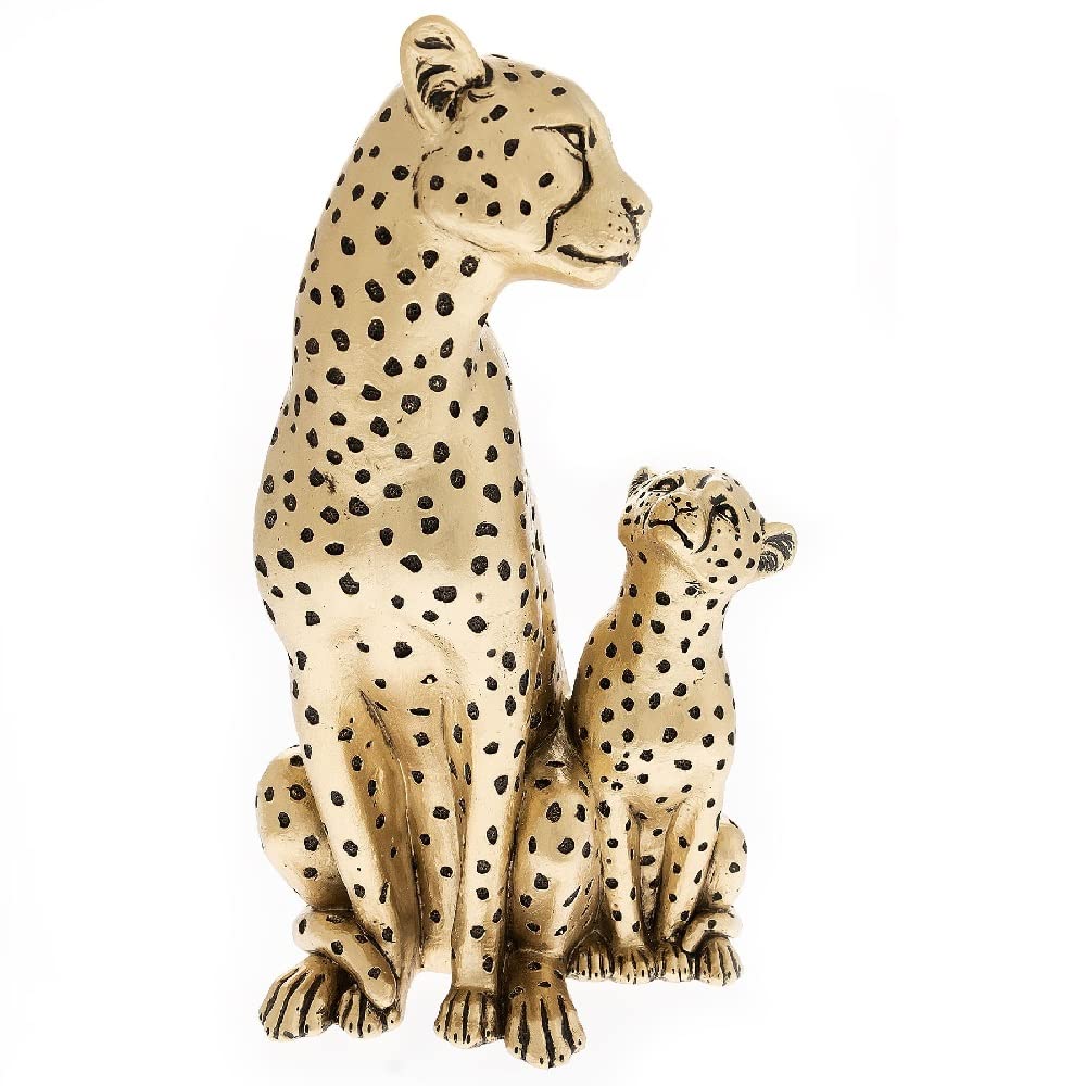 Britalia Gold Metallic Effect Resin Parent Cheetah & Baby Cub Animal Sculpture Figurine Ornament | 25cm Height | New Home Ornament | Birthday Present