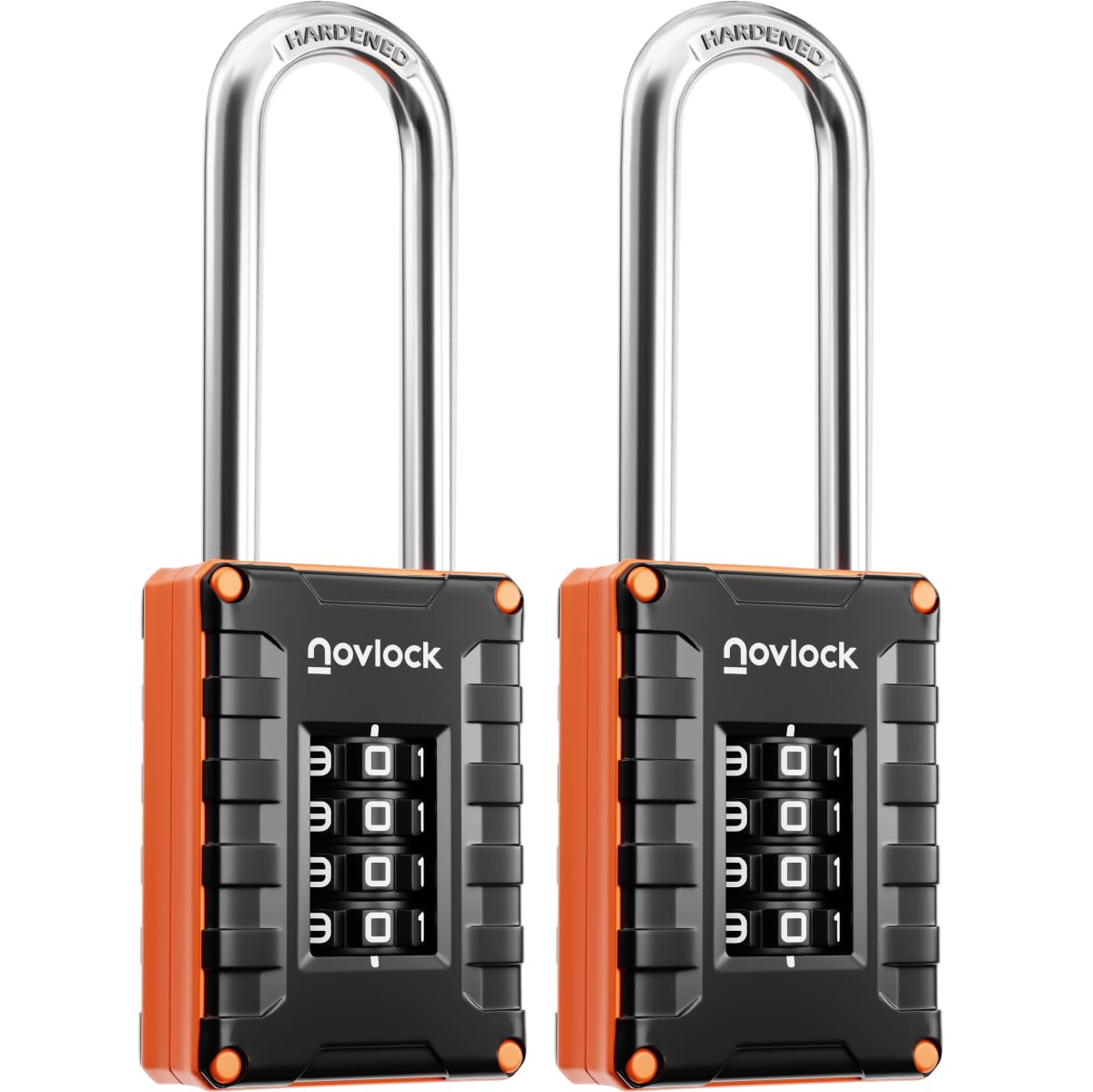 NOVLOCK 2.76" (7 cm) Long Shackle Combination Padlock – Extra Long, Hardened Steel – 4-Digit Code Lock for Lockers, Cabinets, Storage, Fences, Gates & Sheds – 2-Pack, Black/Orange