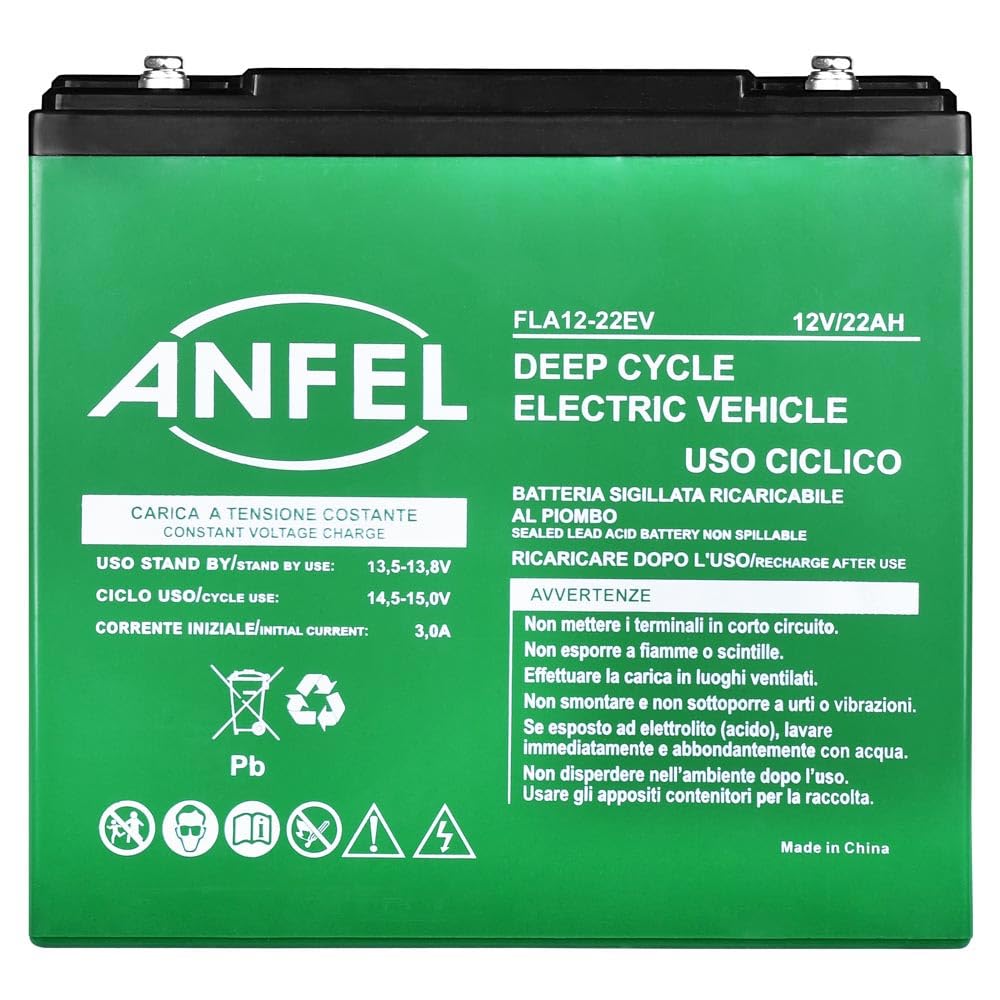 Batteria 12V 22Ah CICLICA sigillata VRLA Ricaricabile AGM Deep Cycle Senza manutezione Solare Camper Barca Nautica UPS Sicurezza Veicoli Elettrici eBike Scooter Impianti fotovoltaici SCARICA LENTA