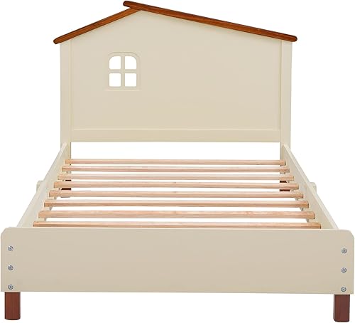 Miniatura 6 de Base de cama de madera maciza tamaño individual con cabecera en forma de casa y soporte de listones de madera para niños y niñas, no necesita