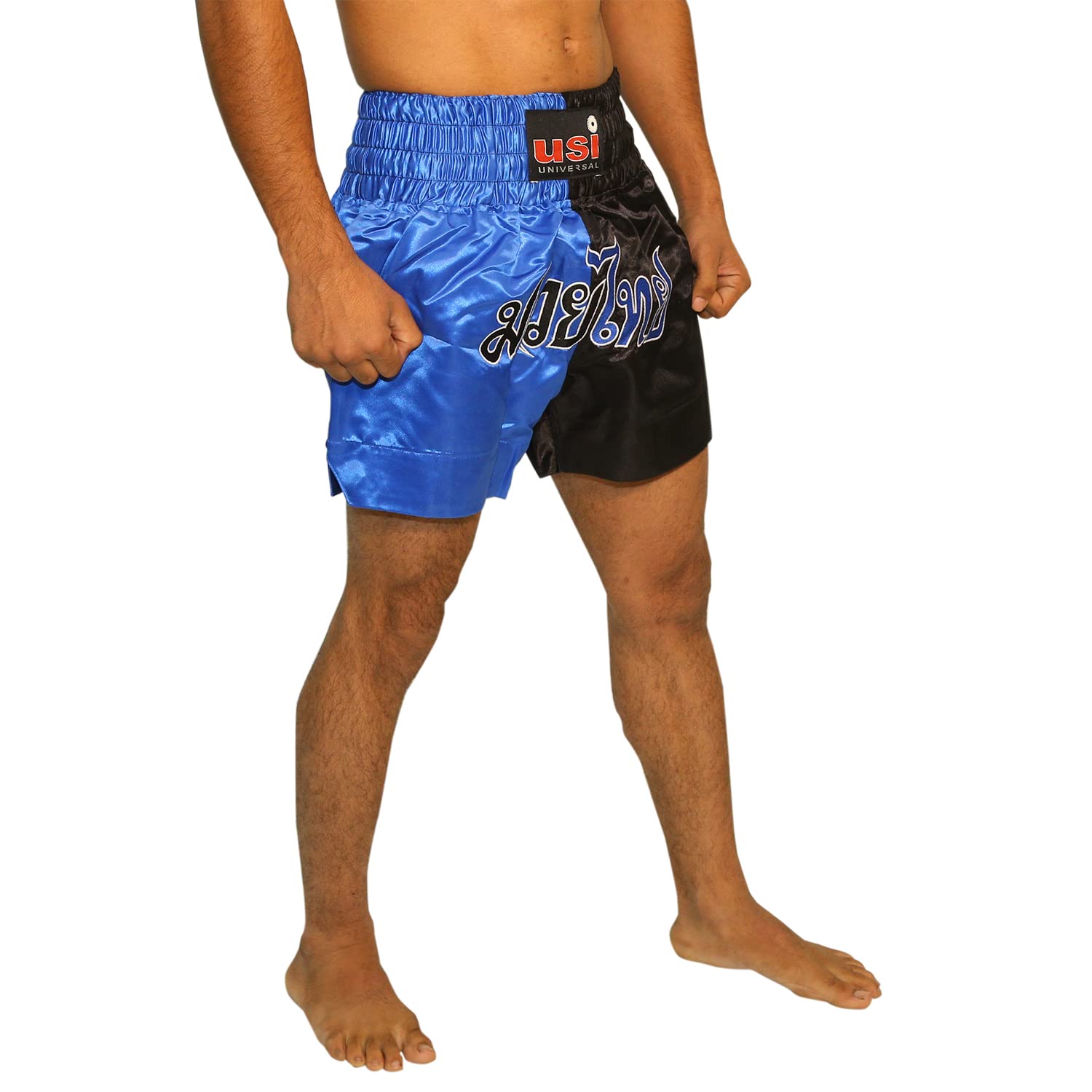 USI UNIVERSALUSI UNIVERSAL Muay Thai Shorts for Men - 410MT Sports Shorts (M, Blue/Black)