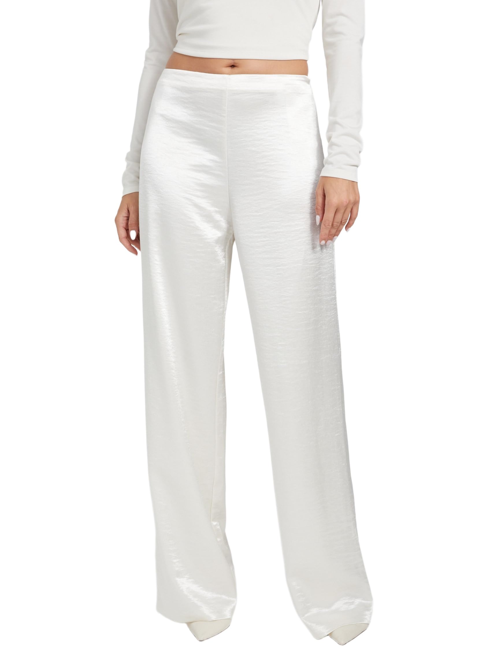 GUESS Satin Wide Leg Pants Cream White