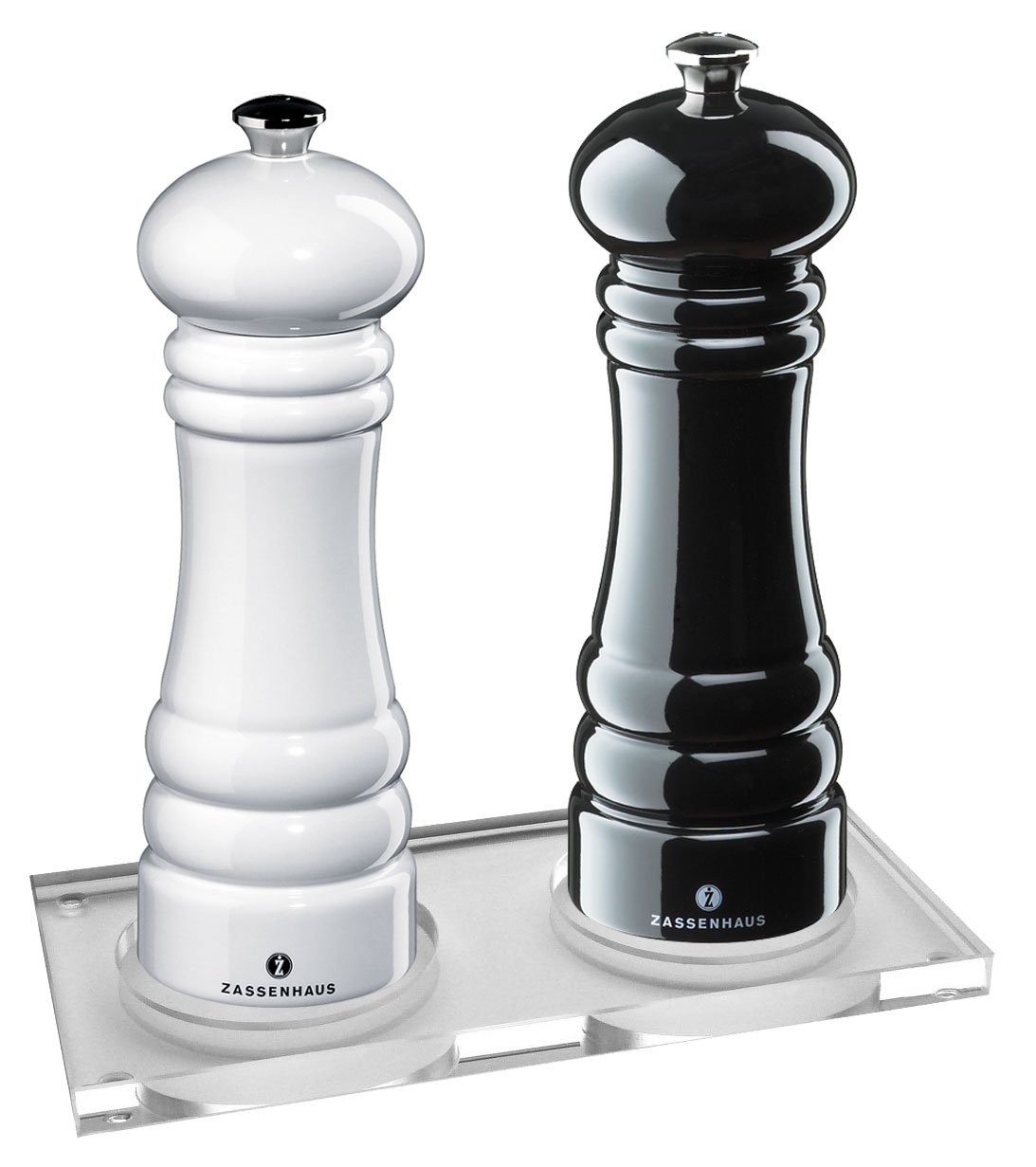 ZassenhausPepper & Salt Mill Set 'Berlin', Black & White, Glossy, 7", with Coaster