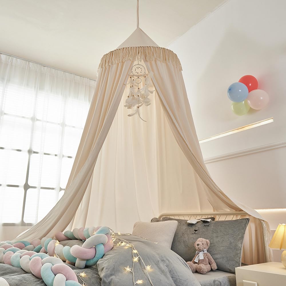 Groß Betthimmel Baldachin Babybett Beige Kinderbett Mädchen Khaki Kinder Baby Himmel Rund Hängendes Kuppel Moskitonnetz Deko 400cm