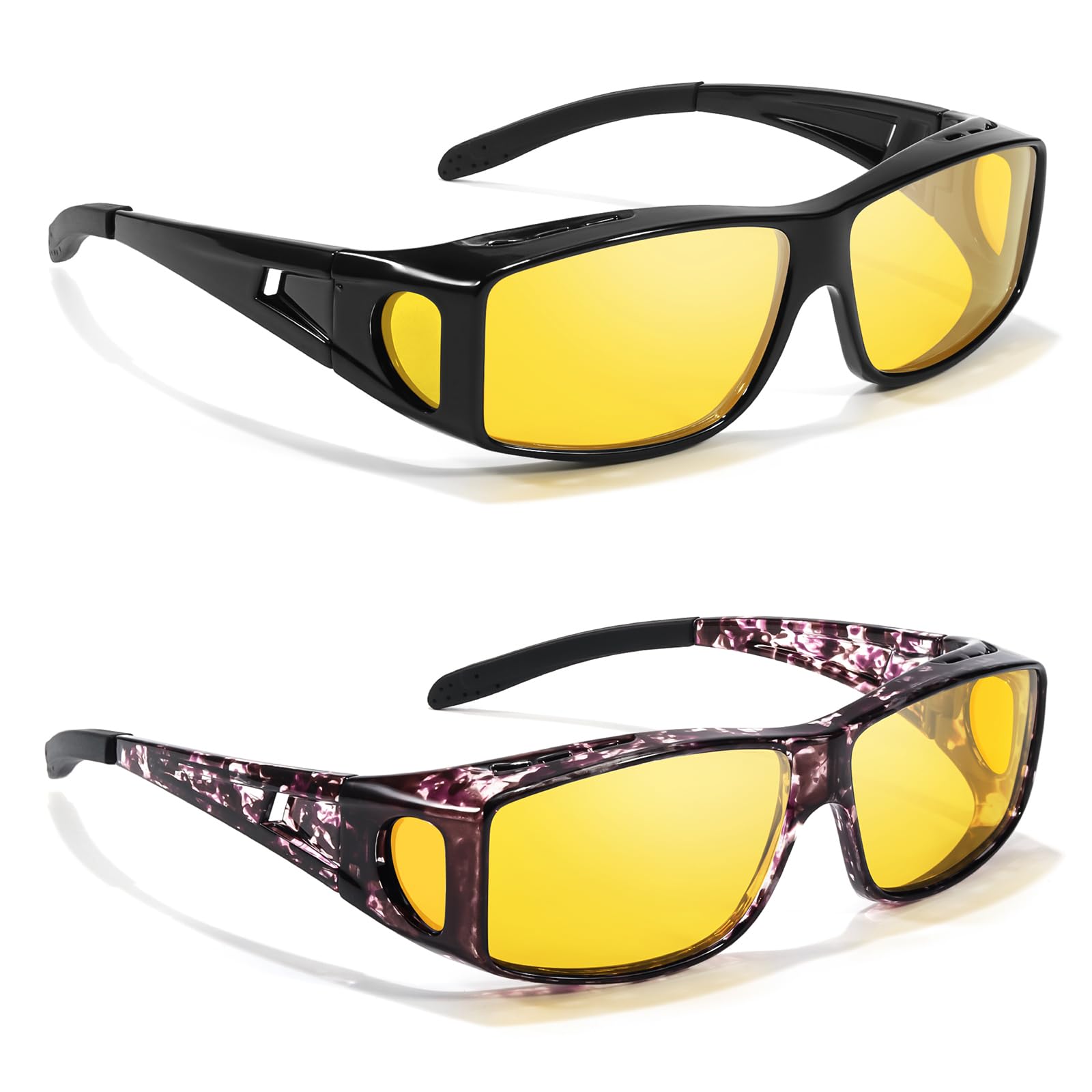 LVIOE 2 Stück Nachtsichtbrille Polarisierte Fit-Over-Brille für Männer und Frauen, TAC gelbe Linse mit blendfreiem Scheinwerfer, Nachtfahrbrille