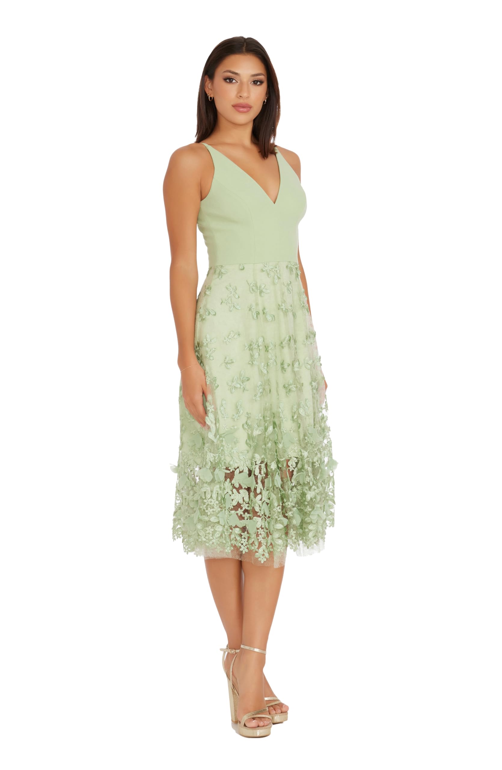 Dress the Population Women's Darleen Sleeveless Plunging Neckline Fit and Flare Midi Dress: X-Large Sage
