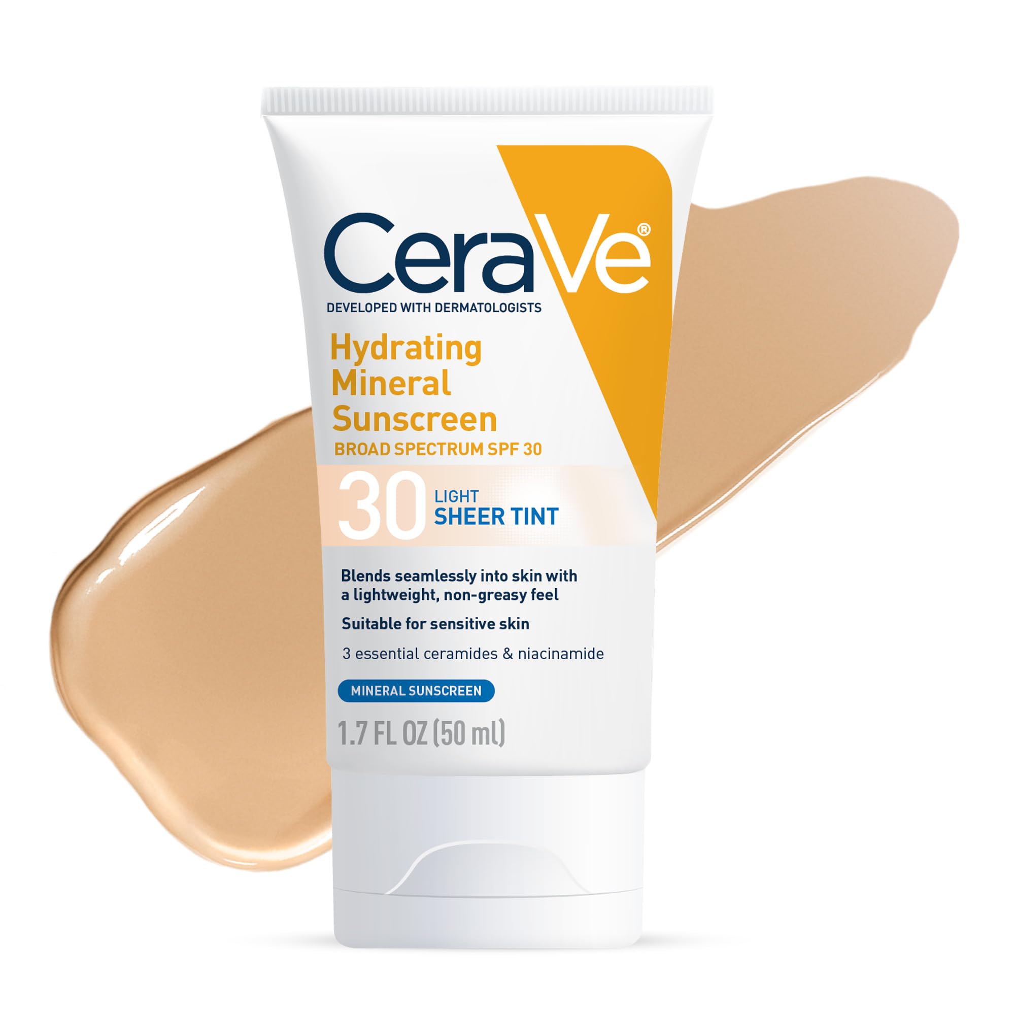 CeraVe Hydrating Mineral Sunscreen SPF 30 with Sheer Tint, Tinted Mineral Sunscreen with Zinc Oxide & Titanium Dioxide, Blends Seamlessly For Healthy Glow, Stocking Stuffers, Light, 1.7 Oz