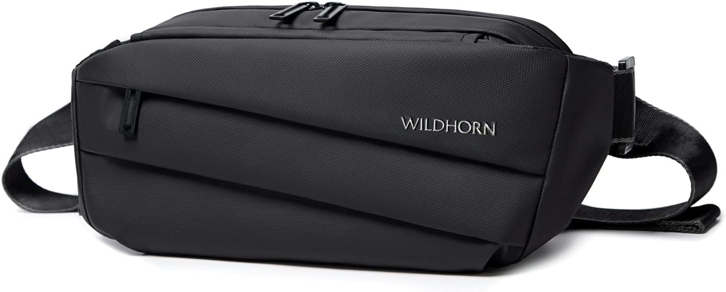 WILDHORN Large Fanny Pack for Men Stylish Mobile Chest Bag Sling Bag for Men Crossbody Multi-Pocket Waist Pouch for Daypack Water-Resistant Shoulder Side Bag for Travel, Black, M, Fashion Waist Packs