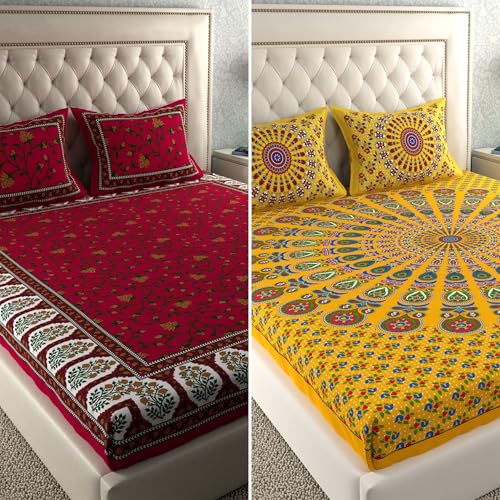 Image of LA VERNE Combo Pack of 2 Double Bedsheet with 4 Pillow Covers | Cotton Double Flat 104 TC Paisley Bedsheet 240 X 220 CM