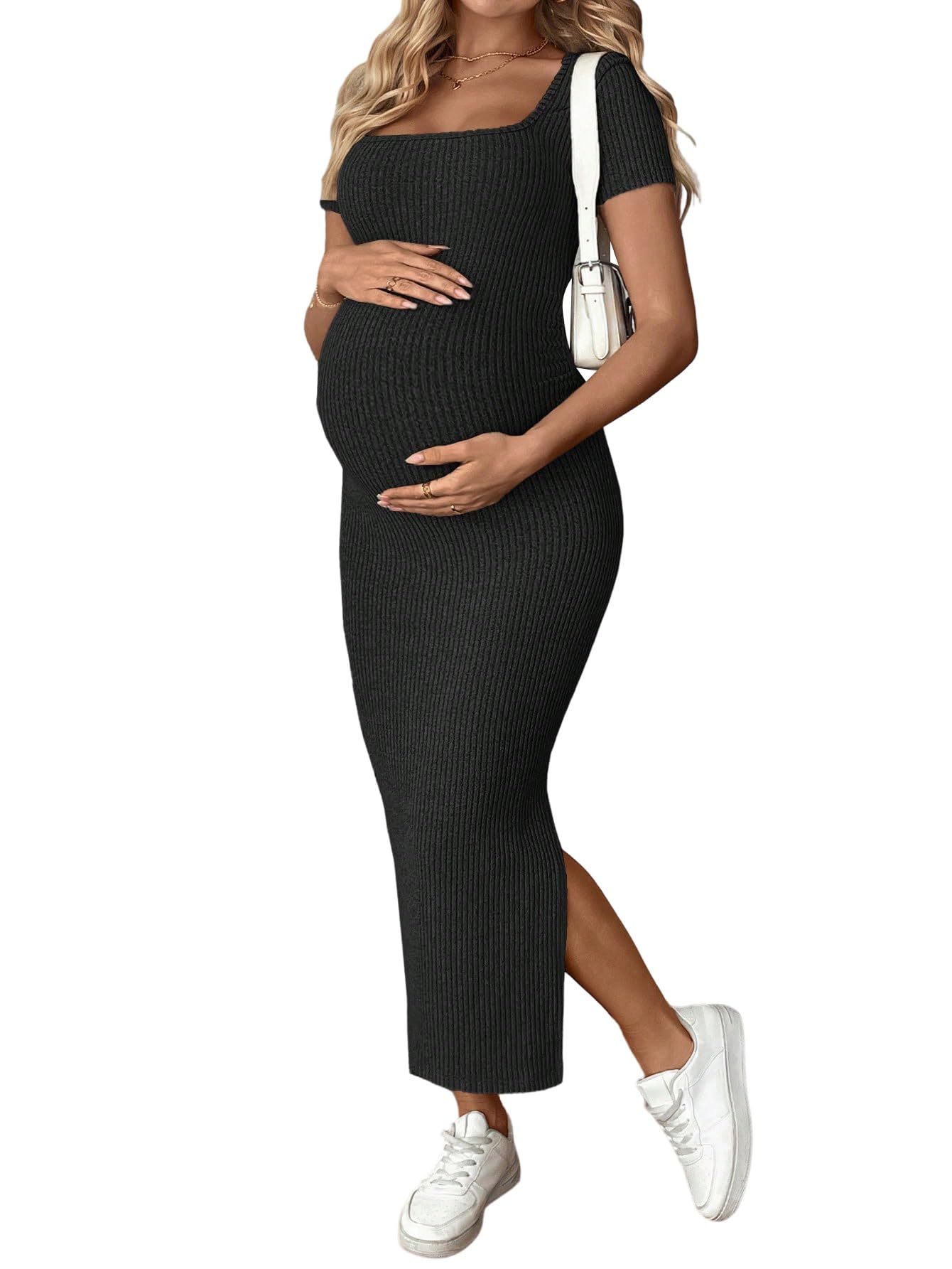 SweatyRocks Damska sukienka ciążowa, z dzianiny, krótki rękaw, długa letnia sukienka | Sukienka ciążowa dla kobiet w ciąży, elegancka sukienka damska, ołówkowa sukienka rekreacyjna, ciążowa