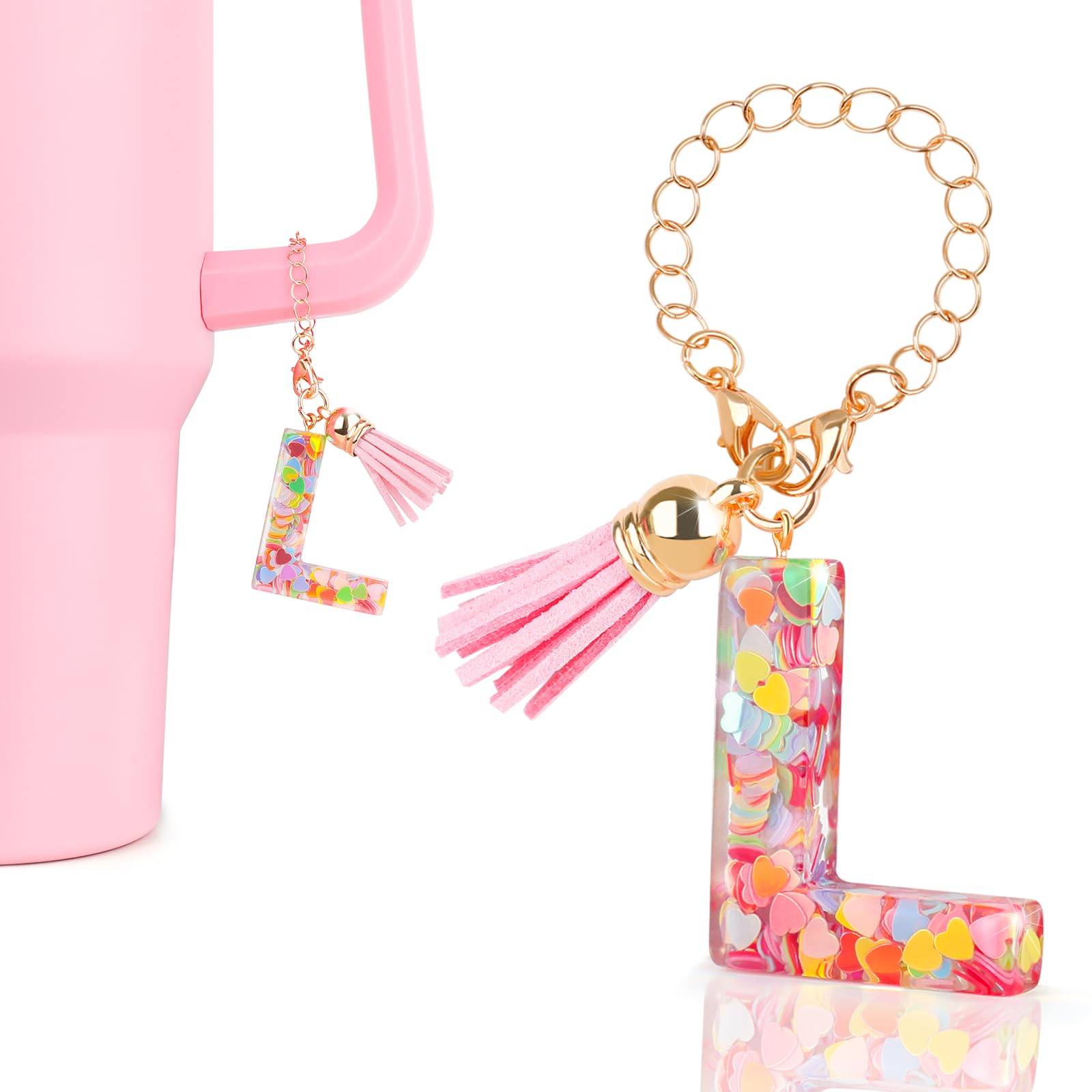 DECZHIYU Letter Charms for Stanley Cup Accessories, Cute Initial Pink Keychain Handle Charm for Stanley Tumbler for Women
