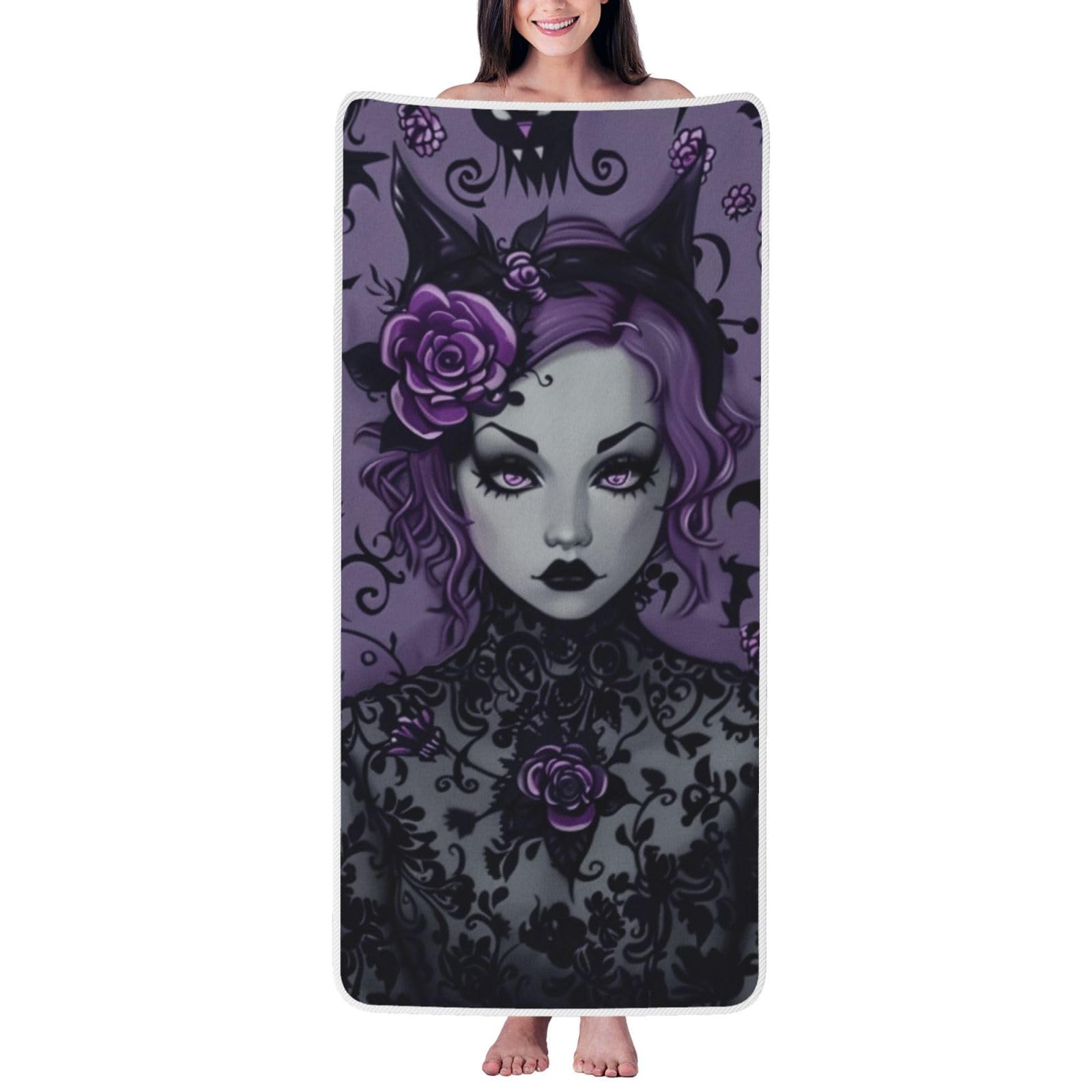 WPKJU Black Goth Spooky Printed Bath Towel with White Edging - 27x55 in Soft Extra Absorbent Coral Velvet Shower Towels for Bathroom