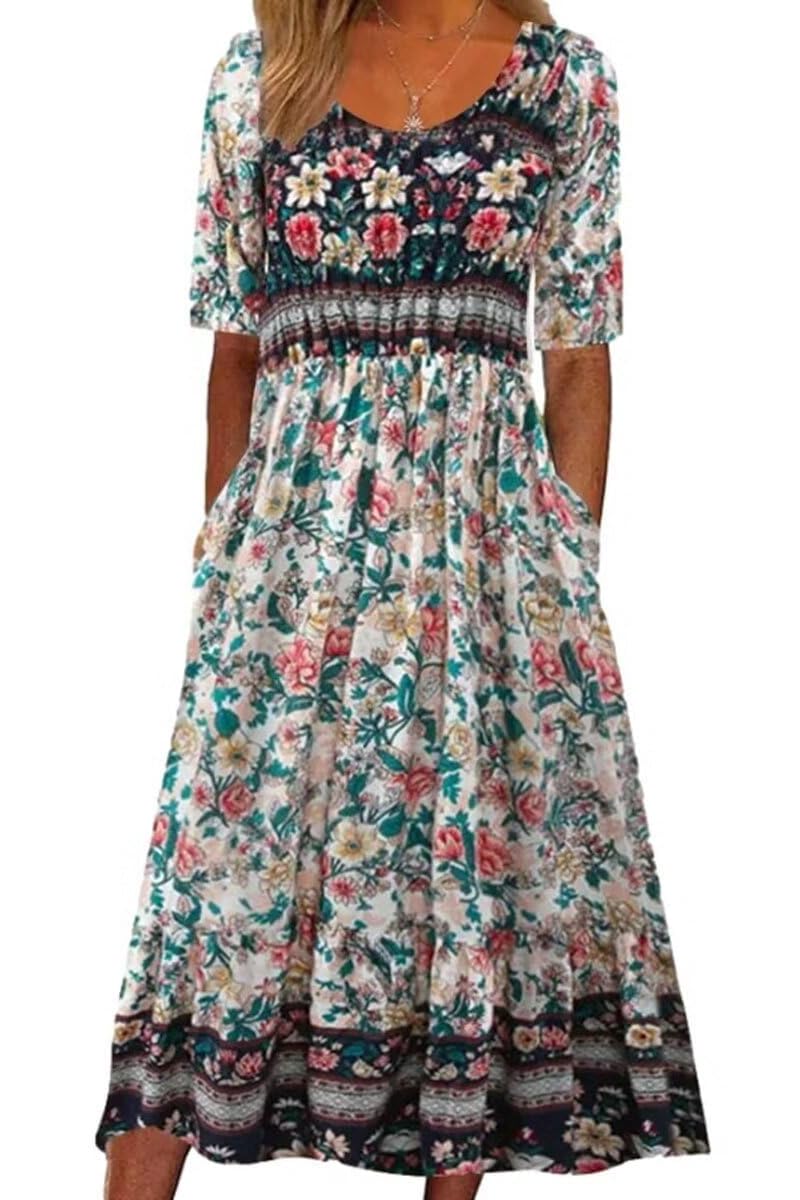 ABYOVRT Damesjurk, boho, bloemen, korte jurk, zomer, casual, korte mouwen, strandjurk, bruiloft, banket, vakantie, Aa-groen, S