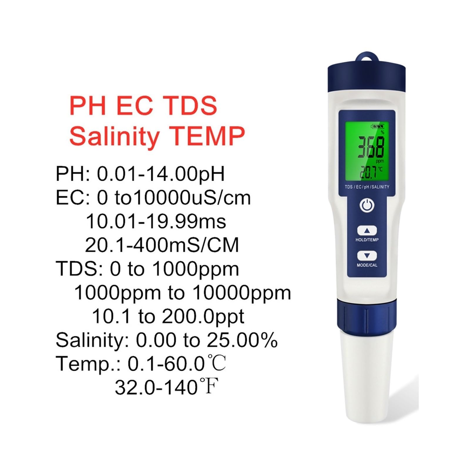 Medidor de pH Digital, Medidor Digital 5 en 1 de pH, TDS, EC, salinidad, Temperatura, conductividad, Filtro Agua, pureza, bolígrafo con retroiluminación(with Backlight)