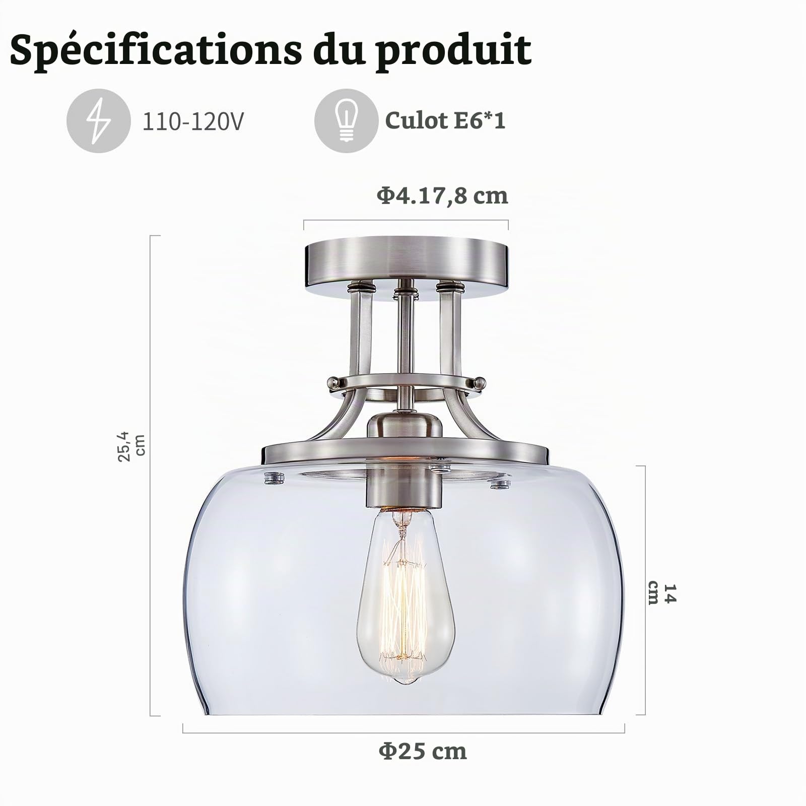 WUZUPS Lustre Rustique Ferme Industriel Rond Semi-Affleurant LED Plafonnier avec Abat-Jour en Verre Transparent pour Salle de Bain Cuisine Entrée Entrée, H25 x L25, E27 Base, Nickel Brossé
