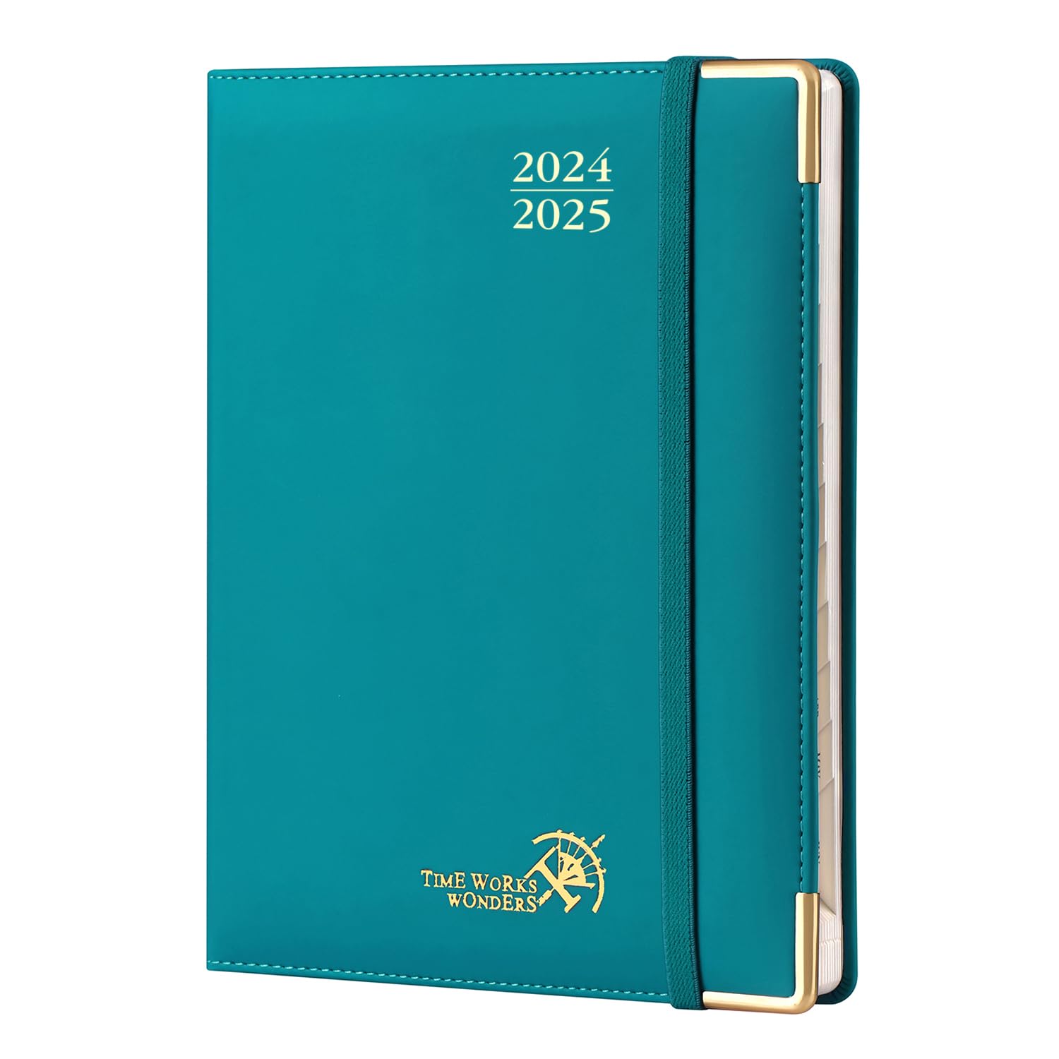 POPRUN Agenda 2024 2025 Semana Vista Premium 22 x 16,5 cm, Agenda Semanal 2024 con Tapa Dura, Esquinas Protectoras de Oro, Papel Certificado FSC® 100 GSM, Verde Pacífico