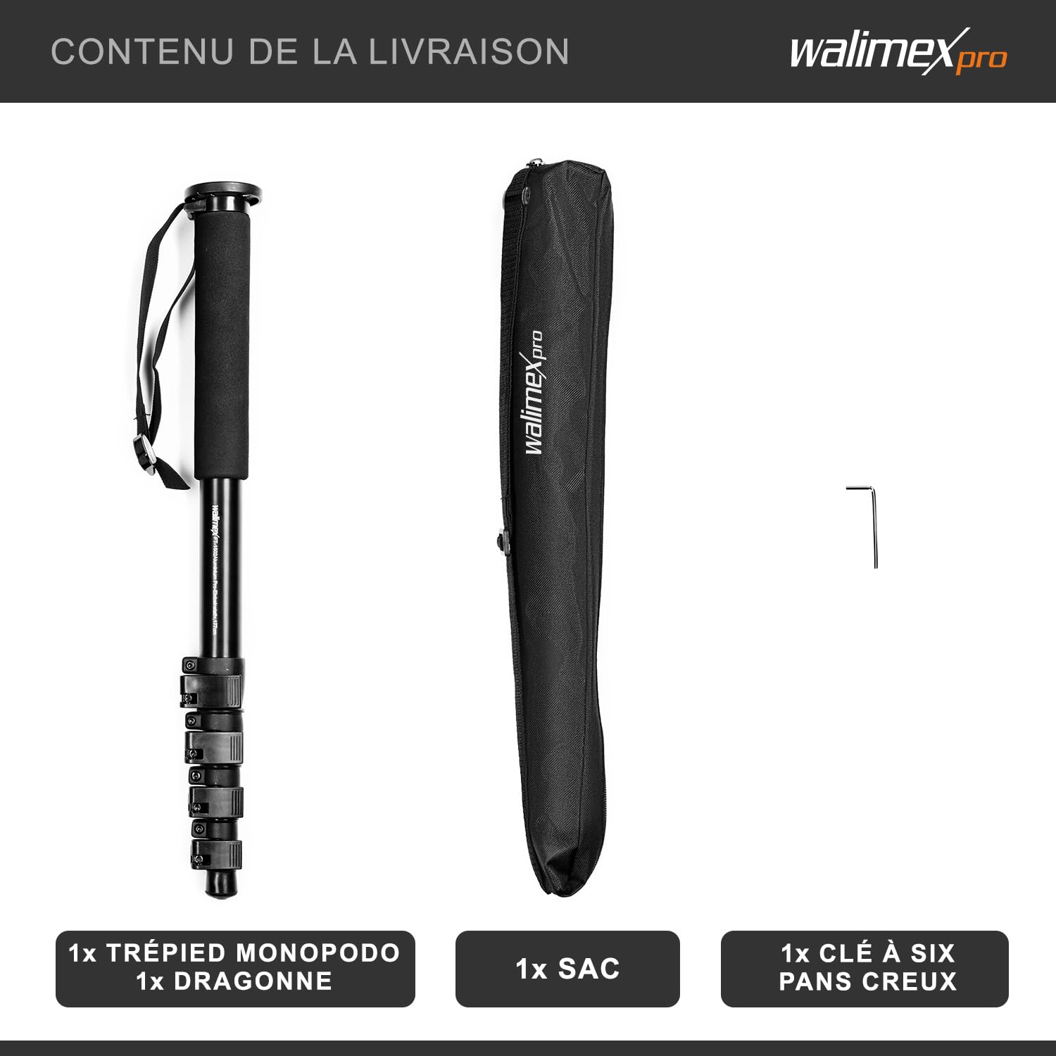 Walimex Monopied en aluminium FT-1502 (hauteur max. 177 cm, incl. dragonne et sac de transport)