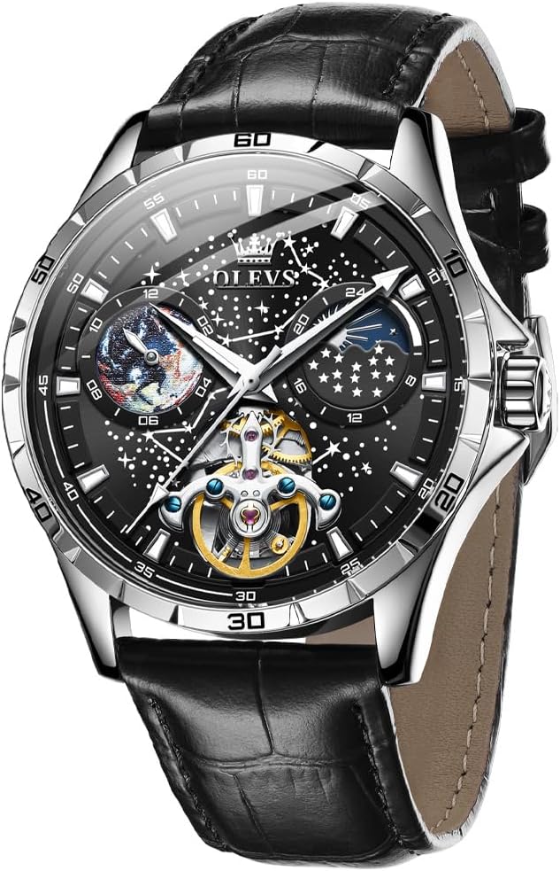 OLEVS Mens Leather Watches Automatic Mechanical Skeleton Tourbillon Diamond Luxury Self Winding Dress Wrist Watches Moon Phase Waterproof Luminous