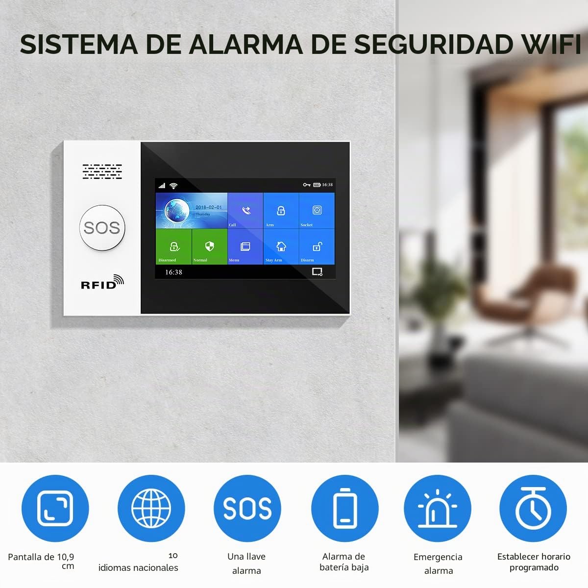 Sistema de Alarma para el hogar inalámbrico, Sistema de Seguridad Wi-Fi con Pantalla Completa inalámbrica de 4,3" Funciona con Alexa y Google para el hogar, apartamento