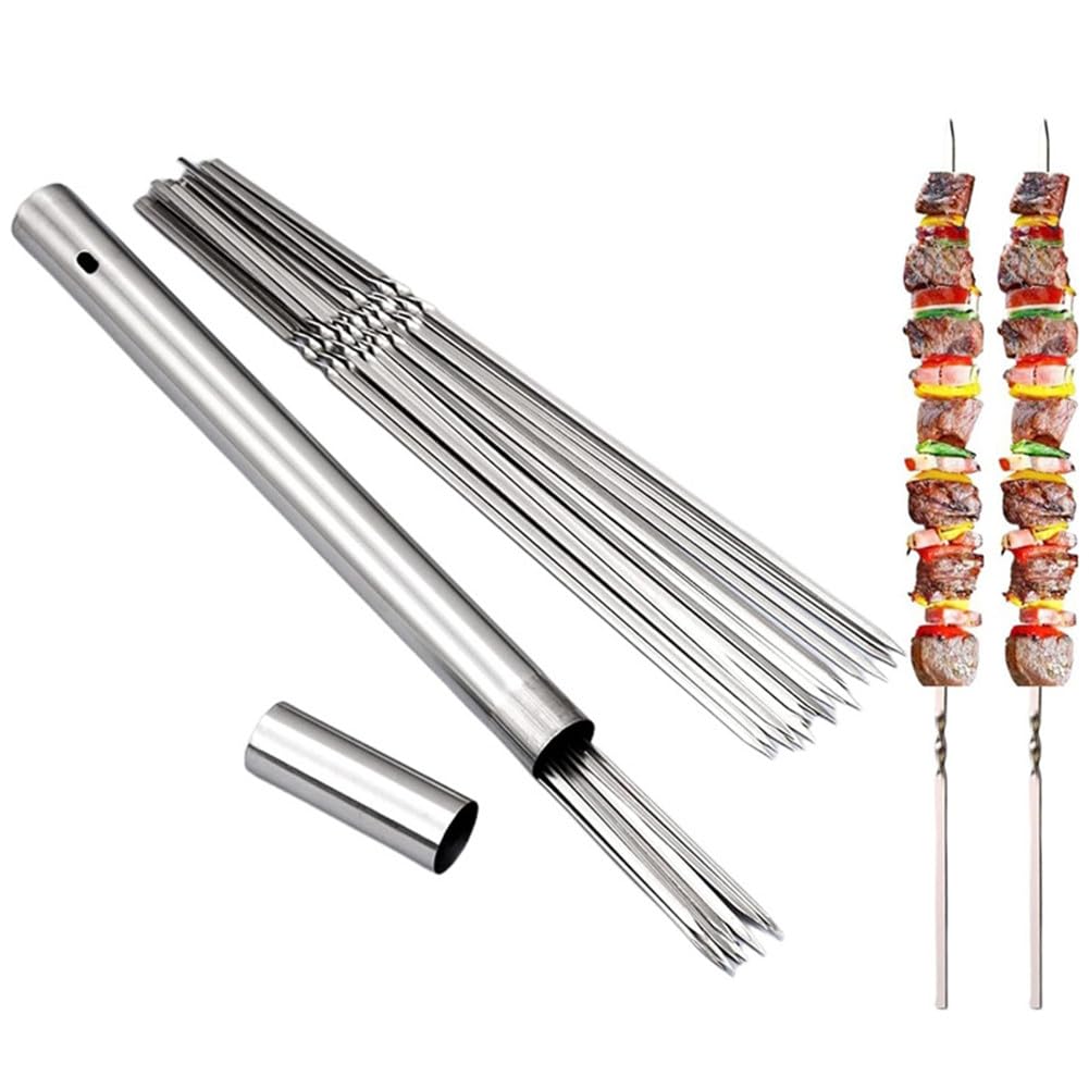 Juego de 50 pinchos de kabob, de metal de 14 pulgadas, planos, largos, con tubo de almacenamiento portátil, pinchos reutilizables de acero inoxidable para acampar al aire libre.