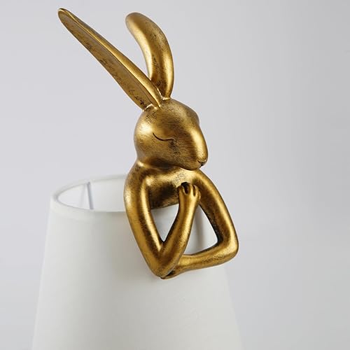 Miniatura 7 de Lámpara de mesa de conejo, luz de escritorio de conejo de resina dorada de 15.7 pulgadas con pantalla de tela blanca, mesita de noche de los niños,