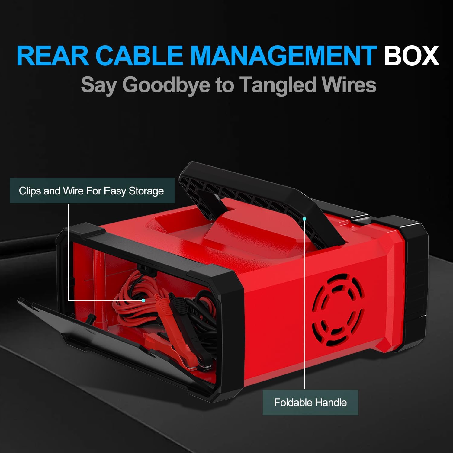 COREBOX Battery Charger with rear cable management box and foldable handle.