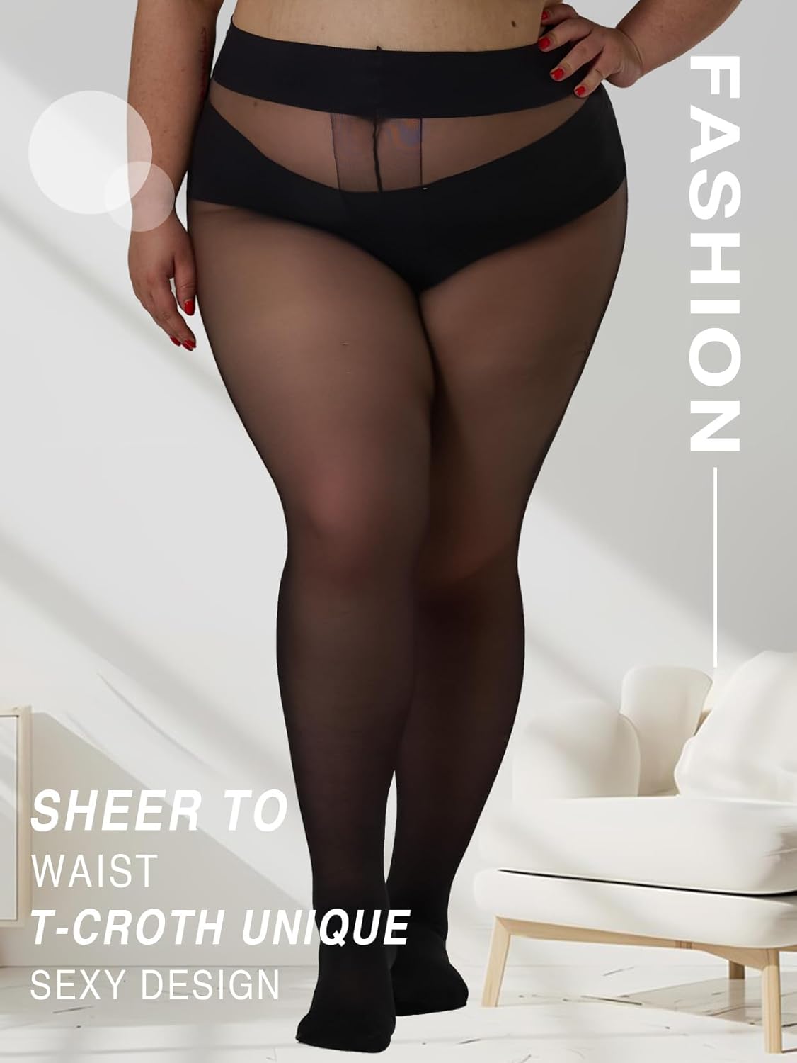 MERYLURE 2 Pack Plus Size High Waist Sheer Black Tights for Women, 20D Thin T-Crotch Pantyhose Sheer to Waist Stockings - Image 3