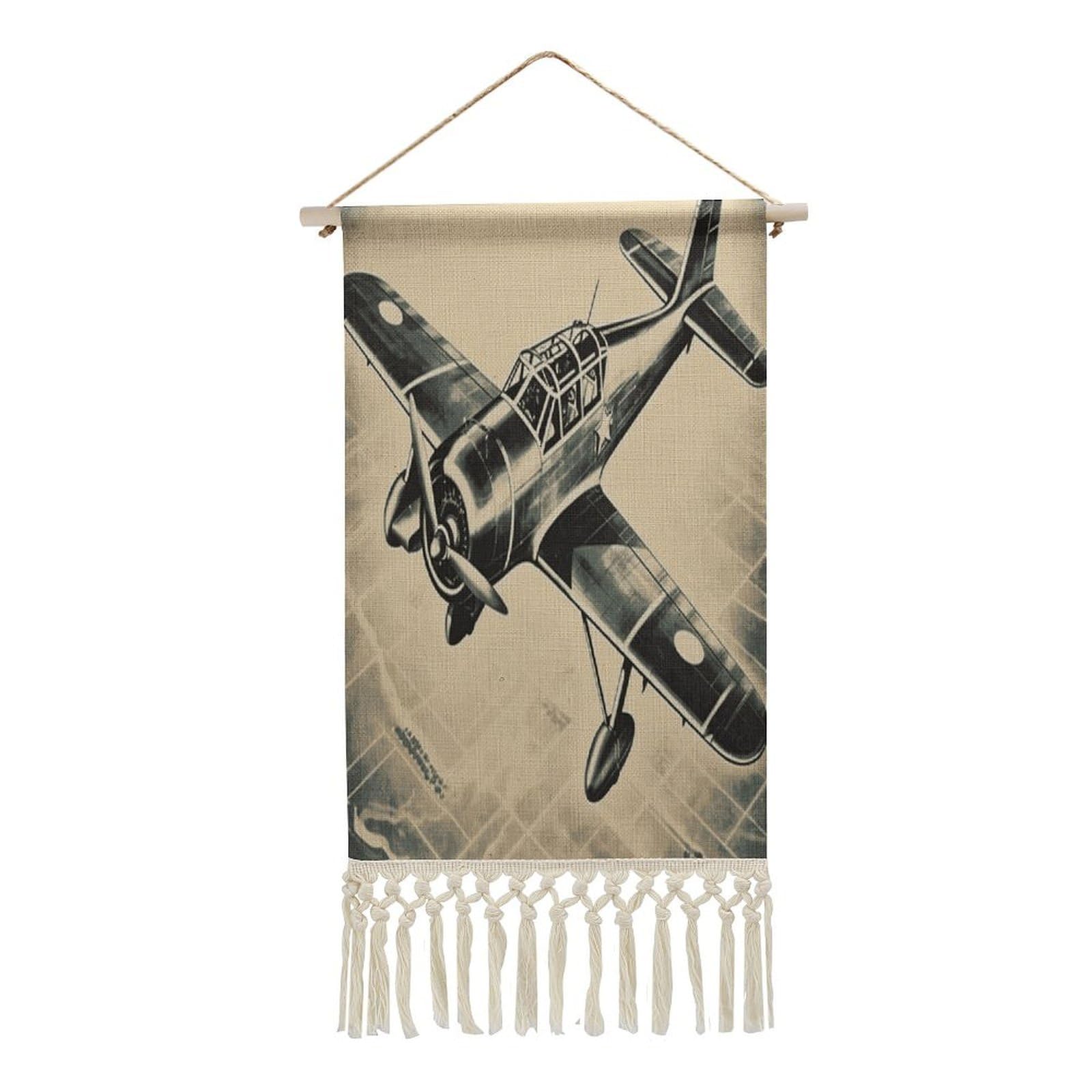 FekiLoot Retro Airplane Wall Art Print Decor Art Tapestry with Tassel Cotton Linen Hanging Poster Vintage Aesthetic Wall Art Poster Rustic Wall Art Decor for Home Bedroom Living Room Office