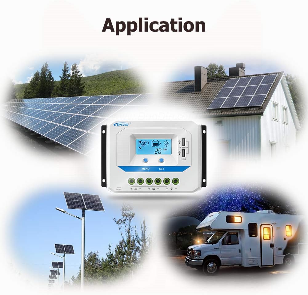 Detailed wiring diagram showing connections from solar panel to controller, controller to battery, and controller to various DC loads like a fan, TV, and speakers.