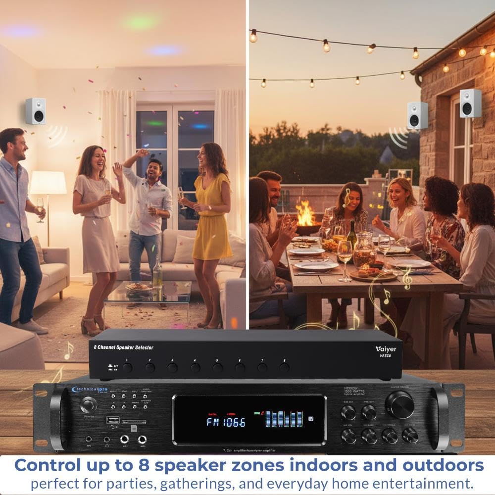 Vaiyer Caja de interruptores selector de altavoces de 8 canales, concentrador de distribución de altavoces multihabitación máximo de 1200 W con protección de impedancia, controla hasta 8 pares de