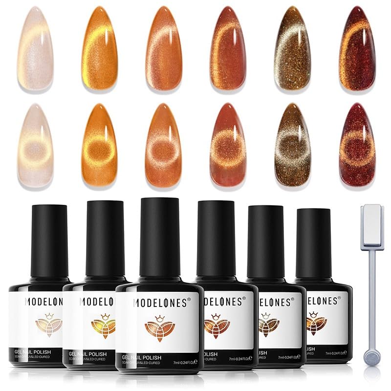 Image of modelones Cat Eye Gel Nail Polish Set Glitter 6Colors Dark Gloden Brown