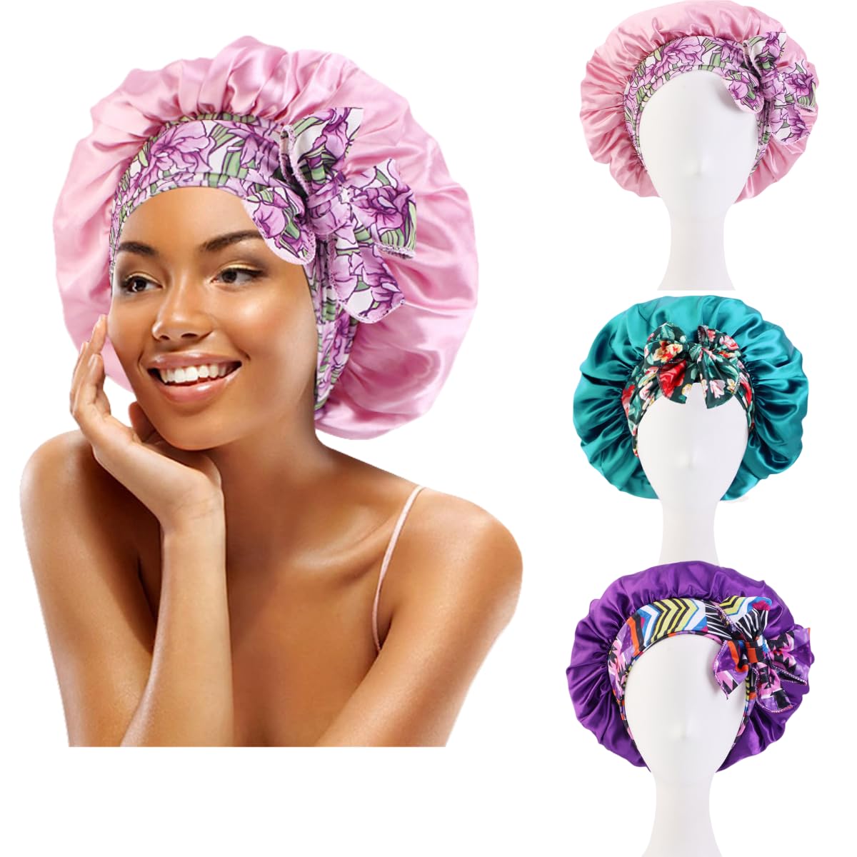 Satin Hair Bonnet, Adjustable Sleep Cap with Elastic Band, Hair Protection for All Hair Types, Pink+purple+peacock blue