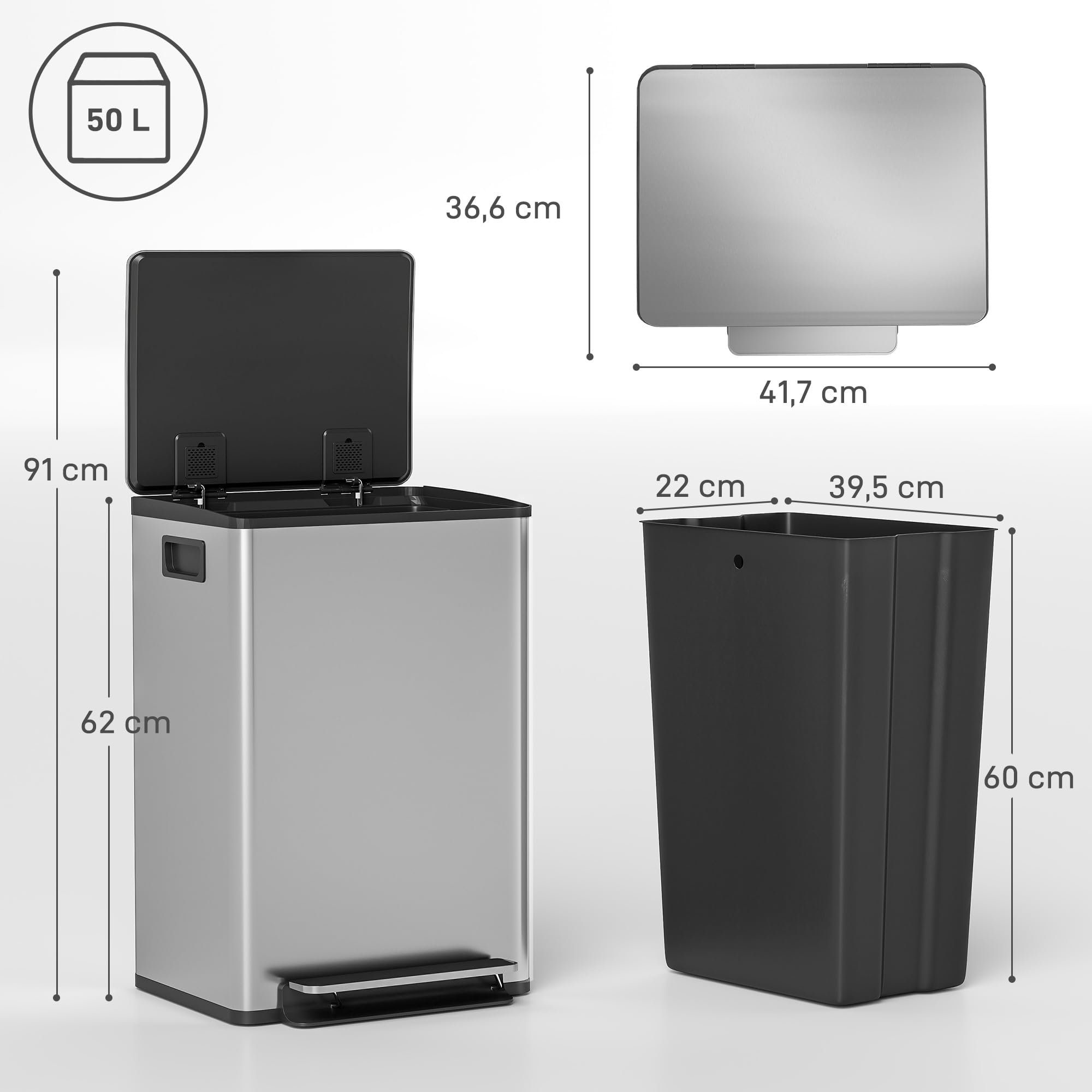 HOMCOM Poubelle Cuisine 50 Litres Poubelle à Pédale Acier Inoxydable Argent