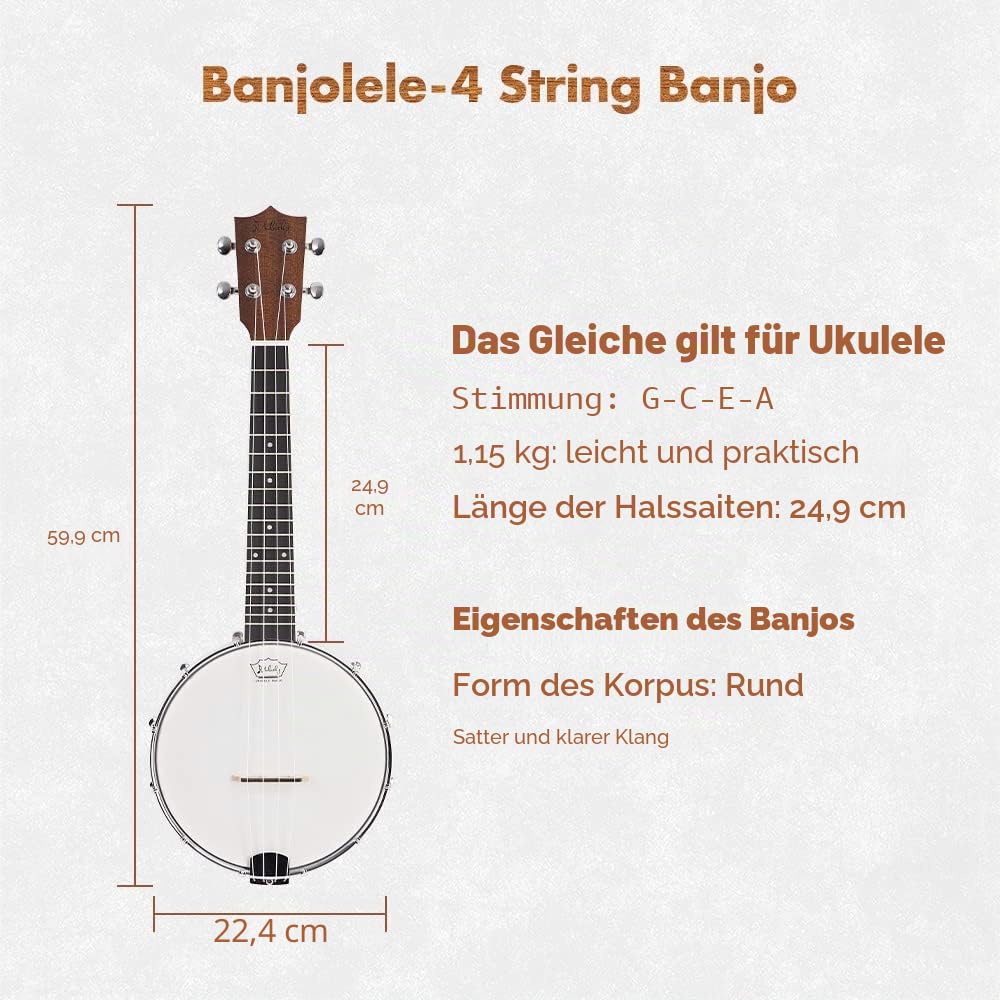 Mulucky Banjolele, 4 Saiten, Banjo-Ukulele, Konzert-Größe, 58,9 cm, geschlossener Massivholzrücken, Anfänger-Set mit Halsstab, Gigbag, Stimmgerät, Saitengurt, Plektren - BU806