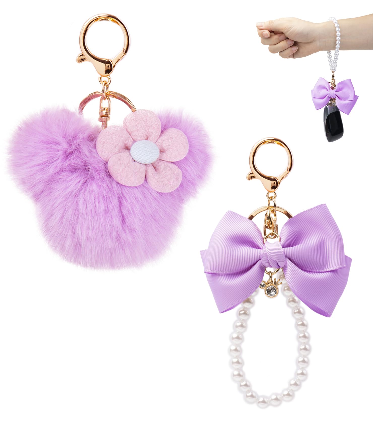 HONYJOOM Bag Charm, Purse Charms for Handbags, Keychain Cute Pom Pom Key Chain Plush Fluffy Ball Key Ring Backpack Charm Wristlet Purple