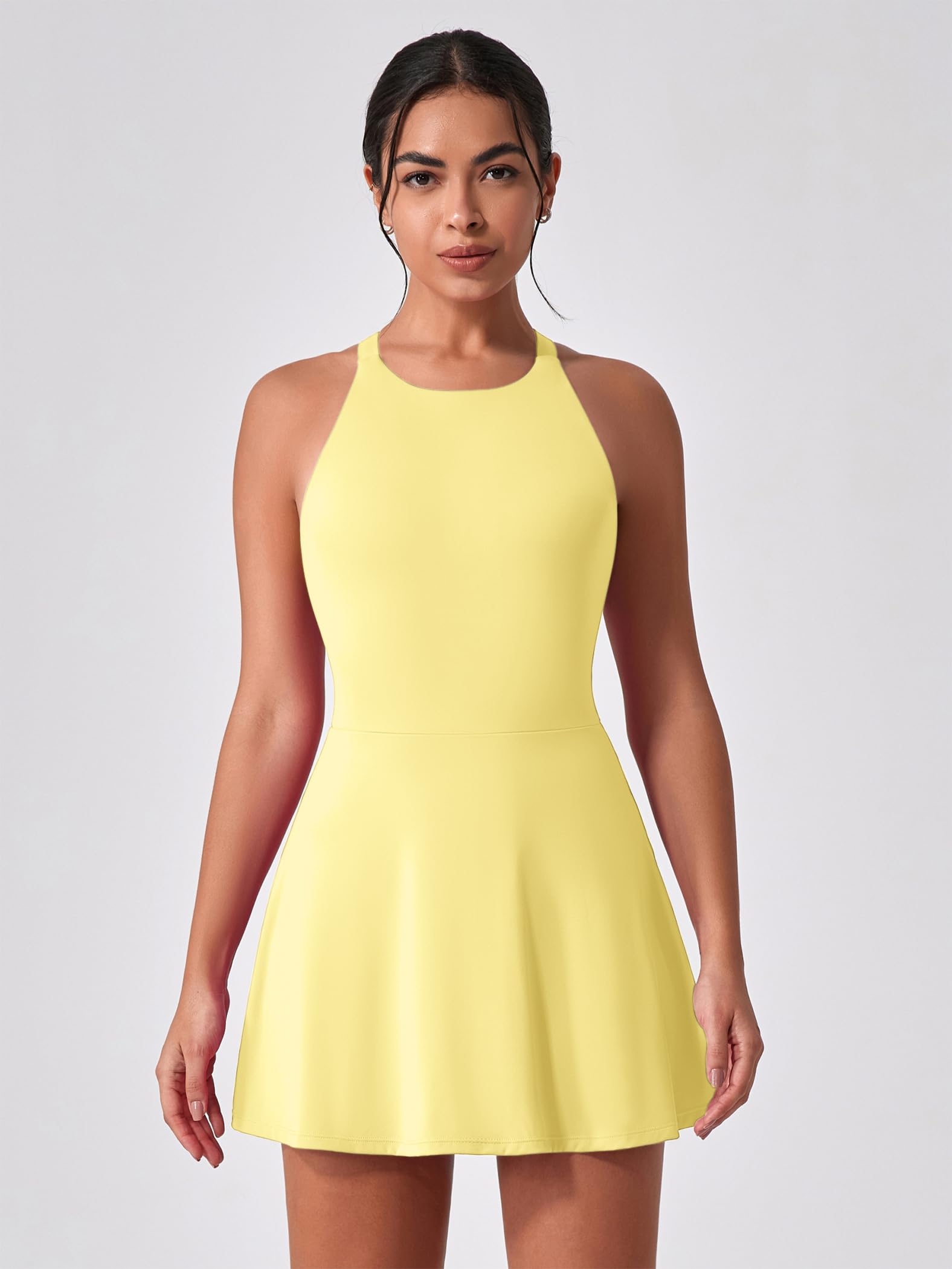 Robe de tennis pour femme - Sans manches - Dos croisé - Avec soutien-gorge intégré et short - Avec poches - Mini robe d'été - Robe de golf - Robe d'entraînement