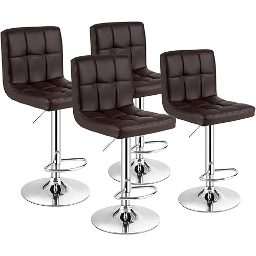 COSTWAY Bar Stool, Comfortable Swivel Adjustable PU Leather Bar Chair with Backrest, Soft Cushioned Seat, Footrest, Sturdy Metal Frame, Barstools for Kitchen, Pub (Brown, Set of 4)