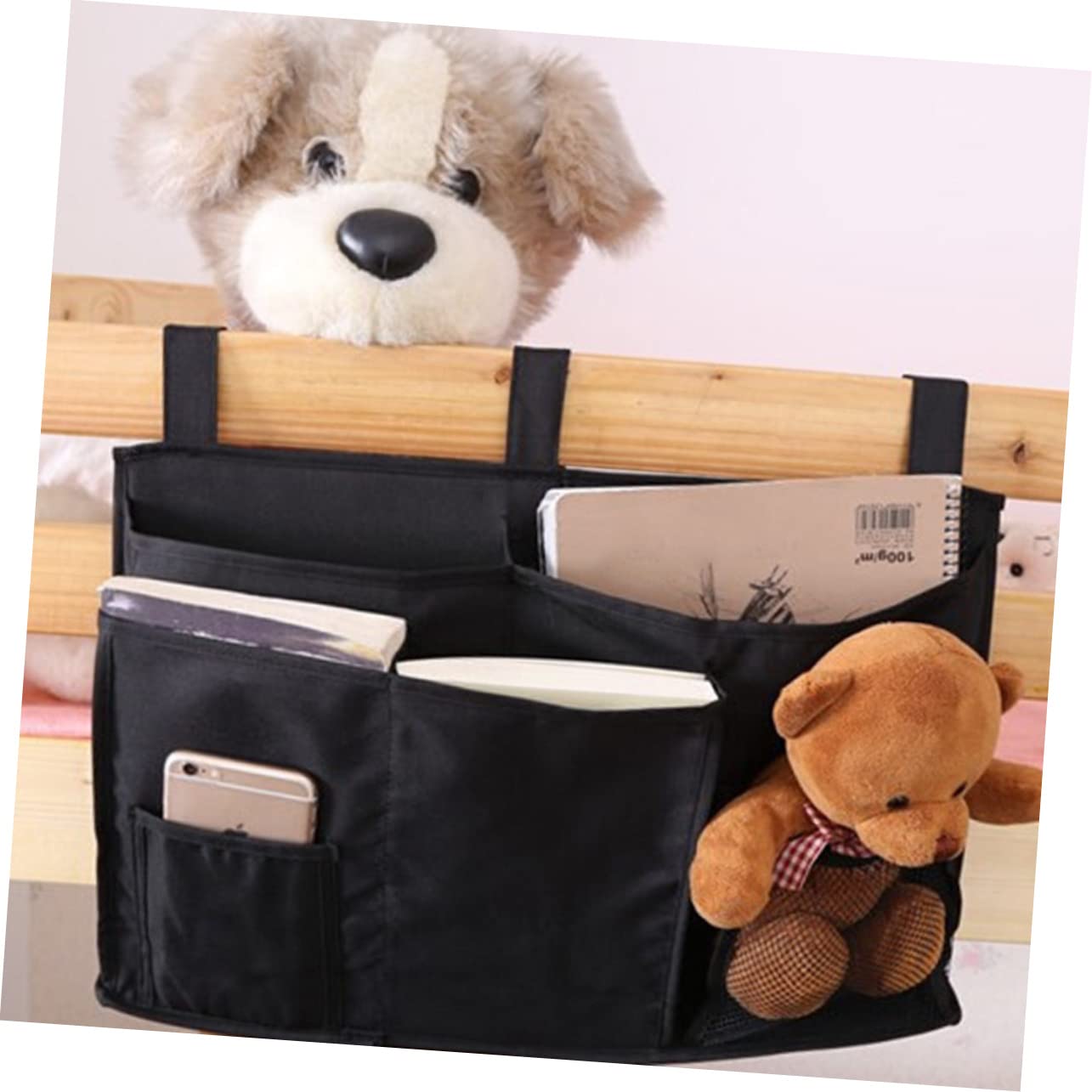 Luxshiny Oxford Fabric Bedside Storage Bag Organizer Capacity Hanging Organizer for Dorm Car and Home Use for Phones Snacks and Books Black