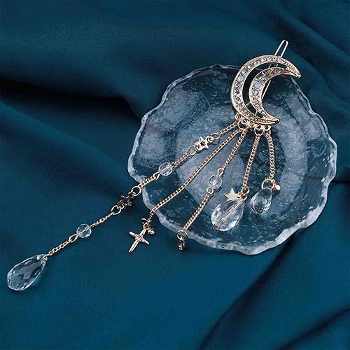 Miniatura 10 de Accesorios bohemios para el cabello, clip de luna y estrella con cristales pavimentados, clip de borla de diamantes de imitación plateados para