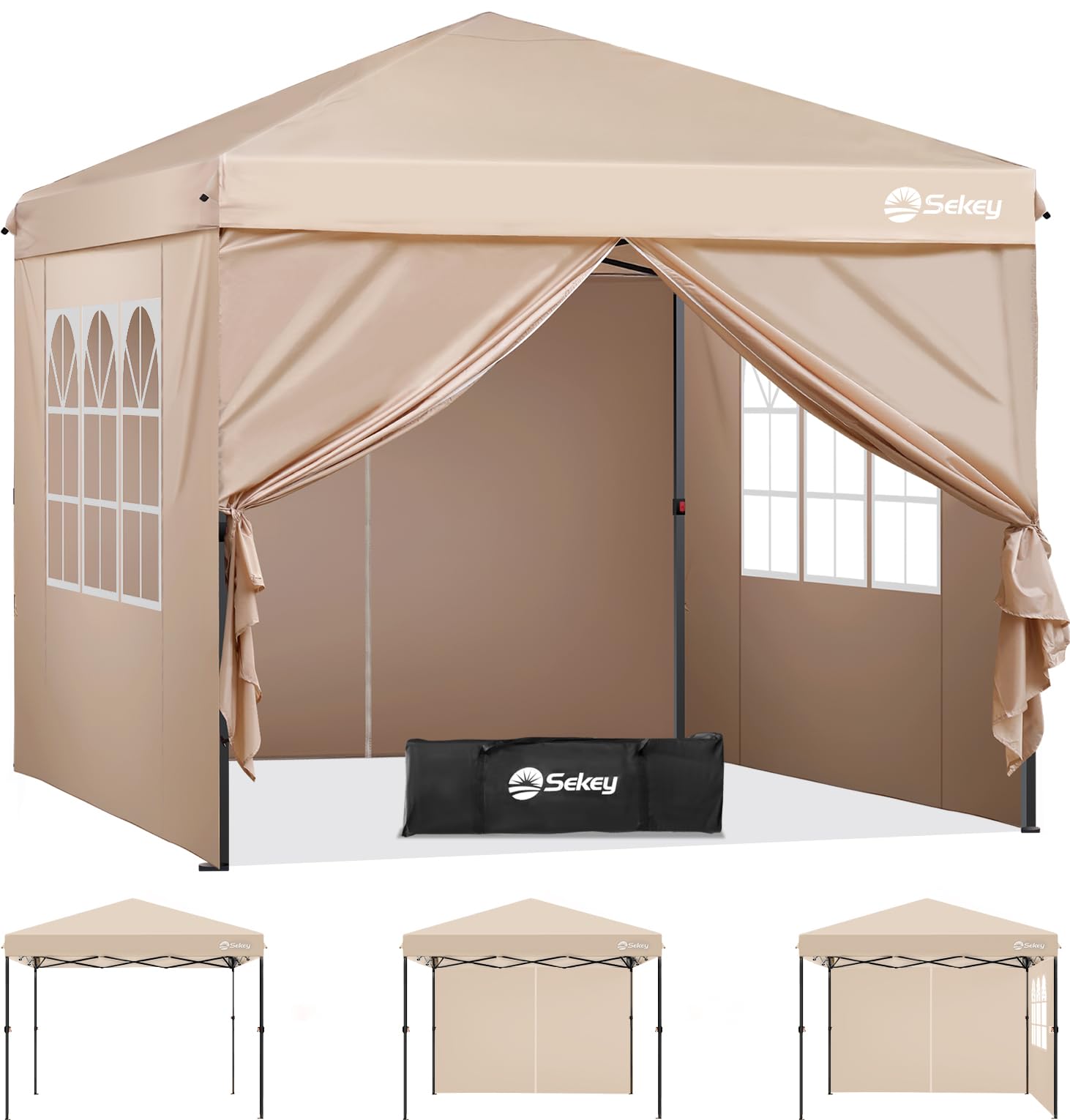 Sekey Pop Up Pavillon 3x3 Wasserdicht Stabil, Faltpavillon 3m x 3m mit Seitenwänden, Partyzelt Faltbar für Camping Party, Stufenlos Höheverstellbar 250 bis 270cm, Premium Serie 3x3, Khaki