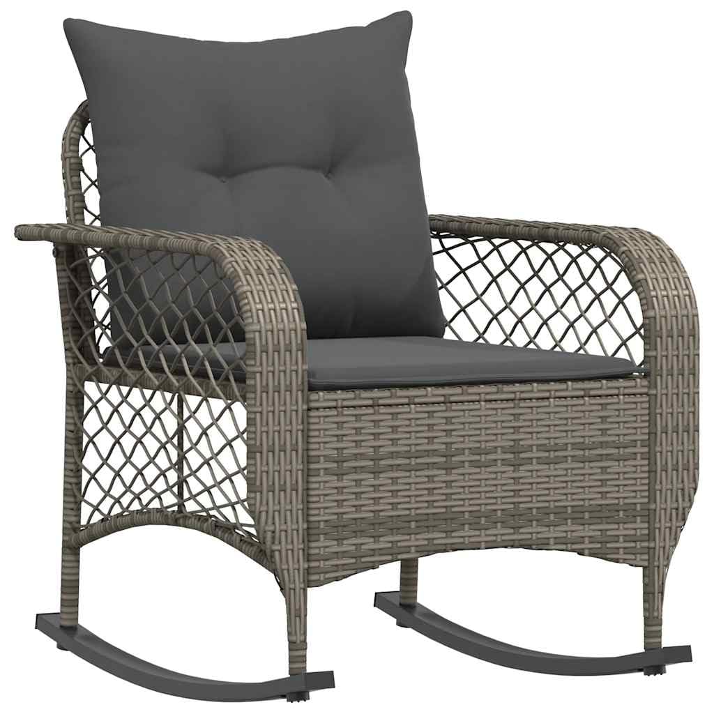vidaXL Garten-Schaukelstuhl mit Kissen Grau Poly Rattan, Gartenstuhl, Gartensessel, Outdoor-Schaukelstuhl, Schaukelsessel, Schwingsessel