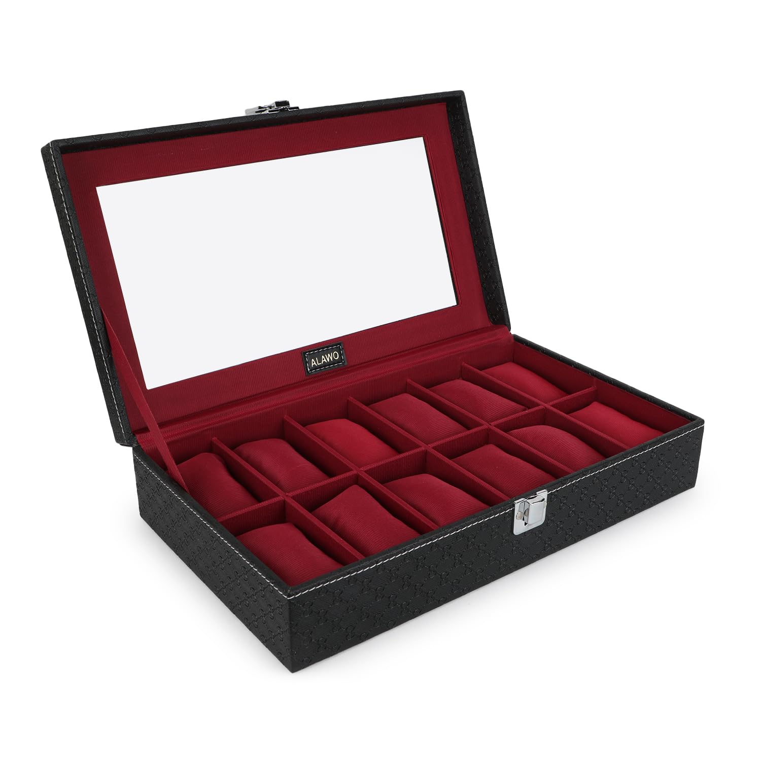 ALAWO Watch Box Organizer Case with 12 slots of Watches in Transparent Display with Black & Cherry Color (B0CW5V682Q) Amazon Price History, Amazon Price Tracker