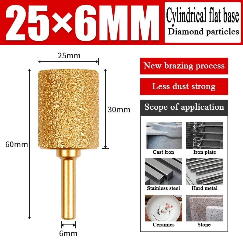 MiJunHD Diamond Brazed Grinding Head 25mm Cylinder Type,6mm Round Handle Coarse Grit Polish Burr Drill Bit for Wood Stone Carving Metal Sanding - Image 2