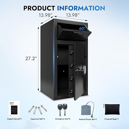 Miniatura 8 de Caja de seguridad comercial de 4 CUB a prueba de fuego, impermeable, caja fuerte para dinero con antipesca y bolsa ignífuga gratis para el hogar,
