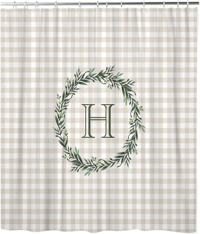 Shower Curtain, Rustic Gray Antler Monogram Farmhouse Shower Curtains with 12 Hooks, Bathroom Bathtub Decor, Waterproof Shower Curtains for Bathroom, 66x72 Inches