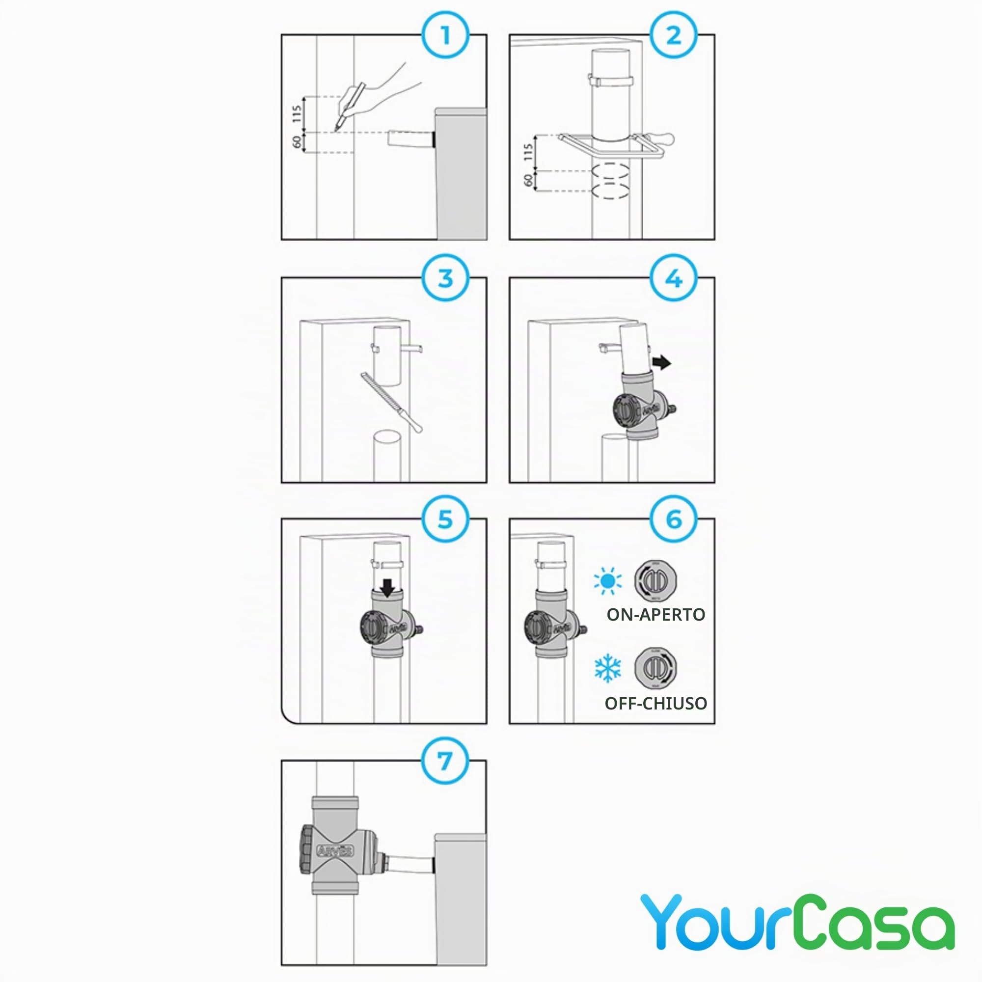 YourCasa Raccolta di pioggia [Downpipe] - Tappo per troppopieno, rubinetto di intercettazione e filtro metallico - Connessione tubo di scarico DN100 e serbatoio marrone